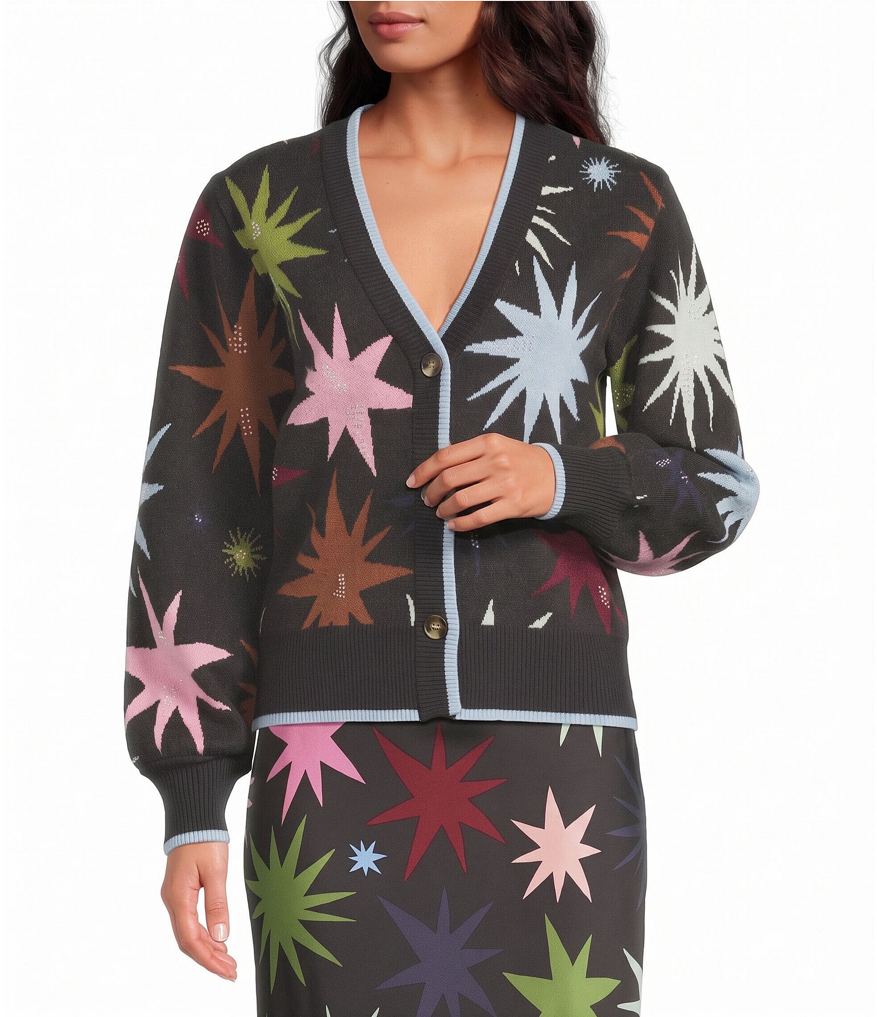 Never Fully Dressed Black Star Printed V-Neck Long Sleeve Button Front Cardigan