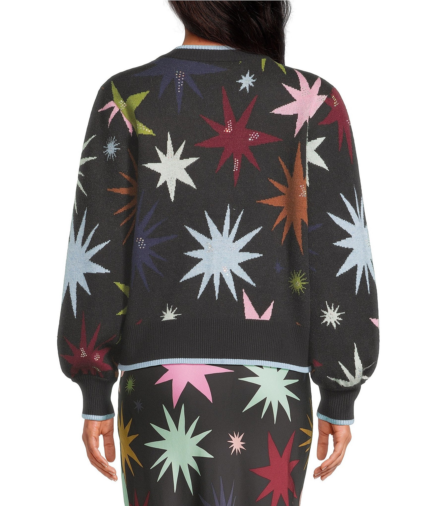Never Fully Dressed Black Star Printed V-Neck Long Sleeve Button Front Cardigan