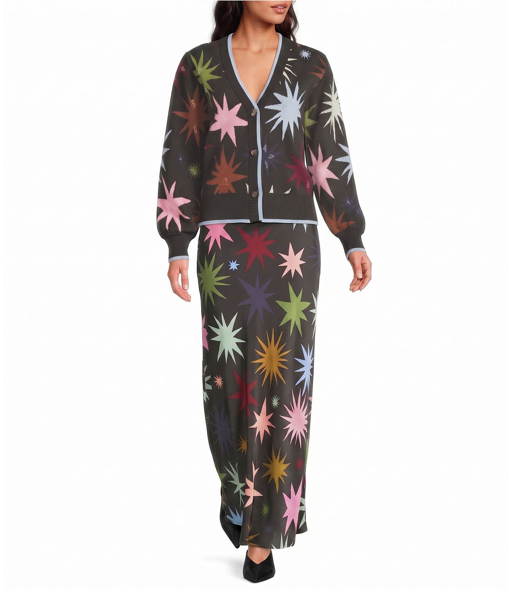 Never Fully Dressed Black Star Printed V-Neck Long Sleeve Button Front Cardigan
