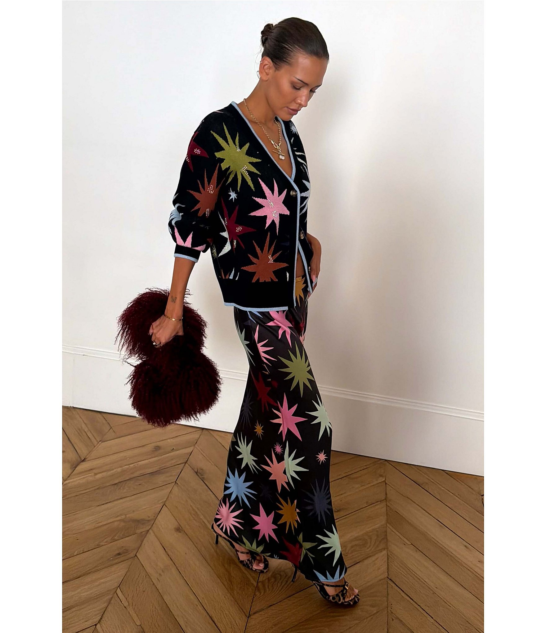 Never Fully Dressed Black Star Printed V-Neck Long Sleeve Button Front Cardigan