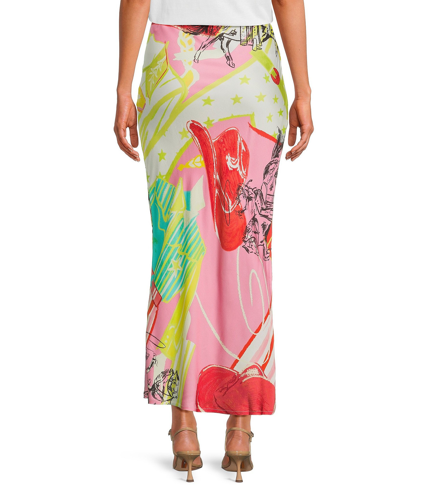 Never Fully Dressed Dorris Abstract Western Motif Satin Maxi Skirt