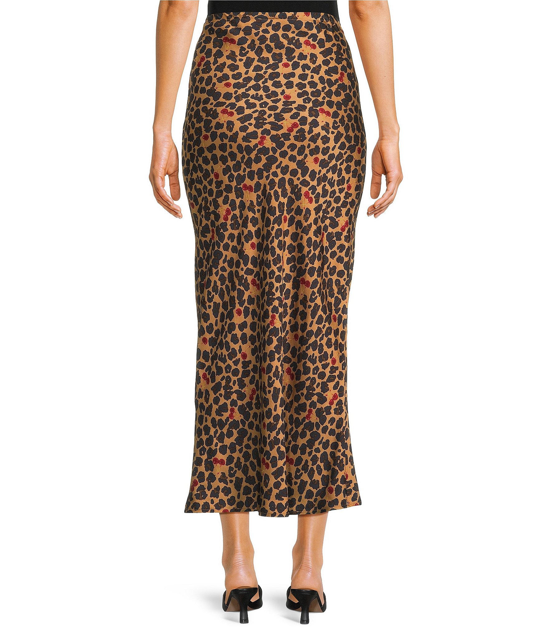 Never Fully Dressed Dorris Satin Leopard Print Cherry Motif Maxi Skirt
