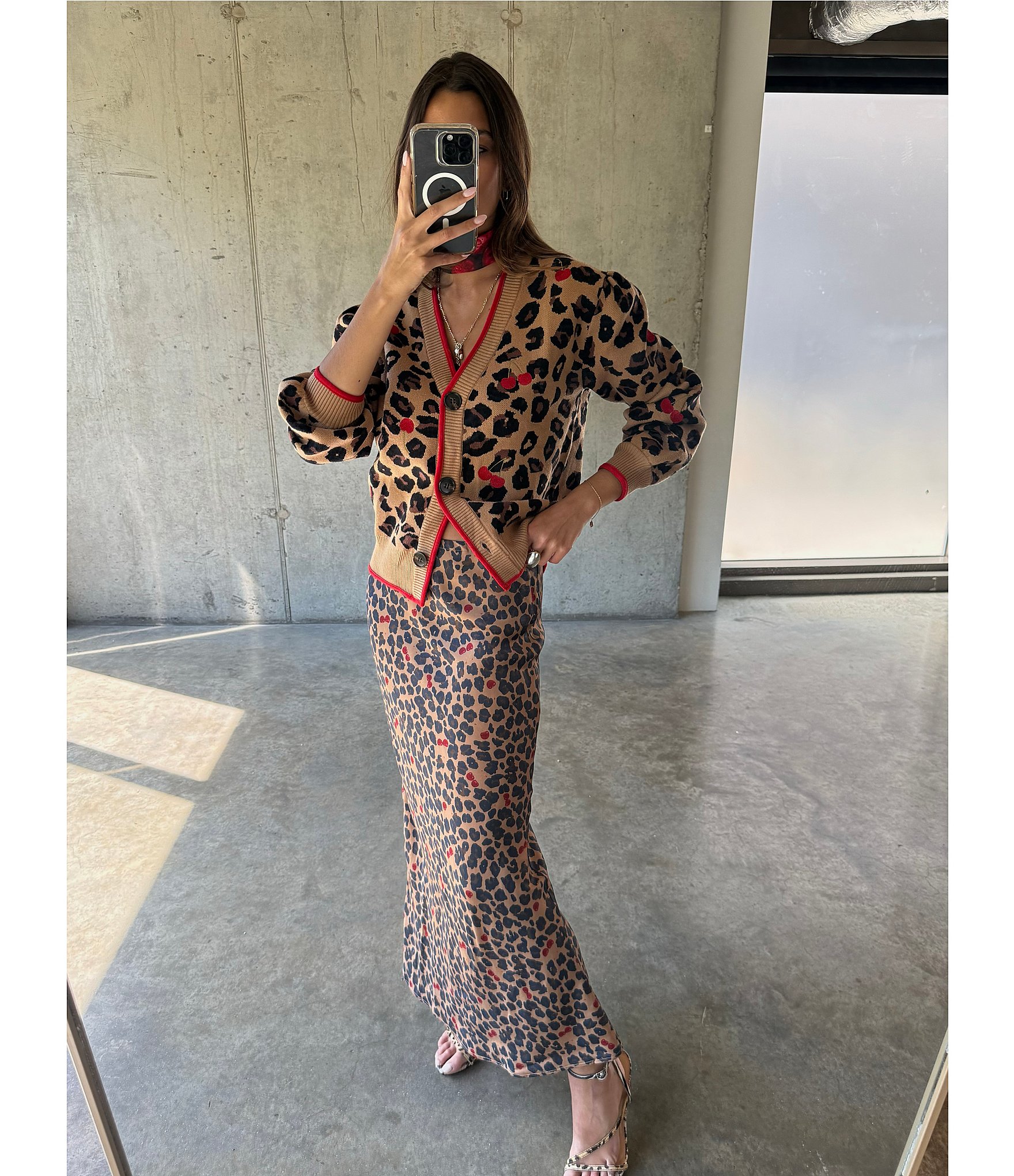 Never Fully Dressed Dorris Satin Leopard Print Cherry Motif Maxi Skirt