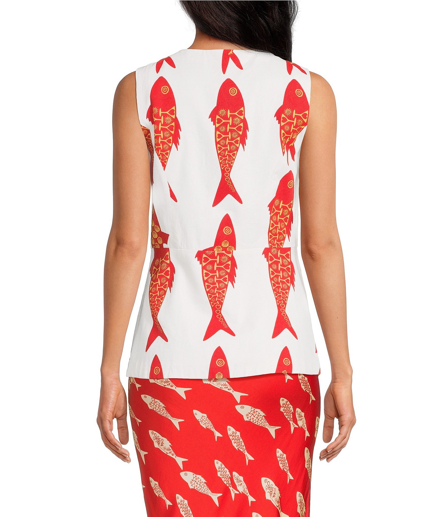 Never Fully Dressed Marina Fish Print Crew Neck Sleeveless Coordinating Waistcoat