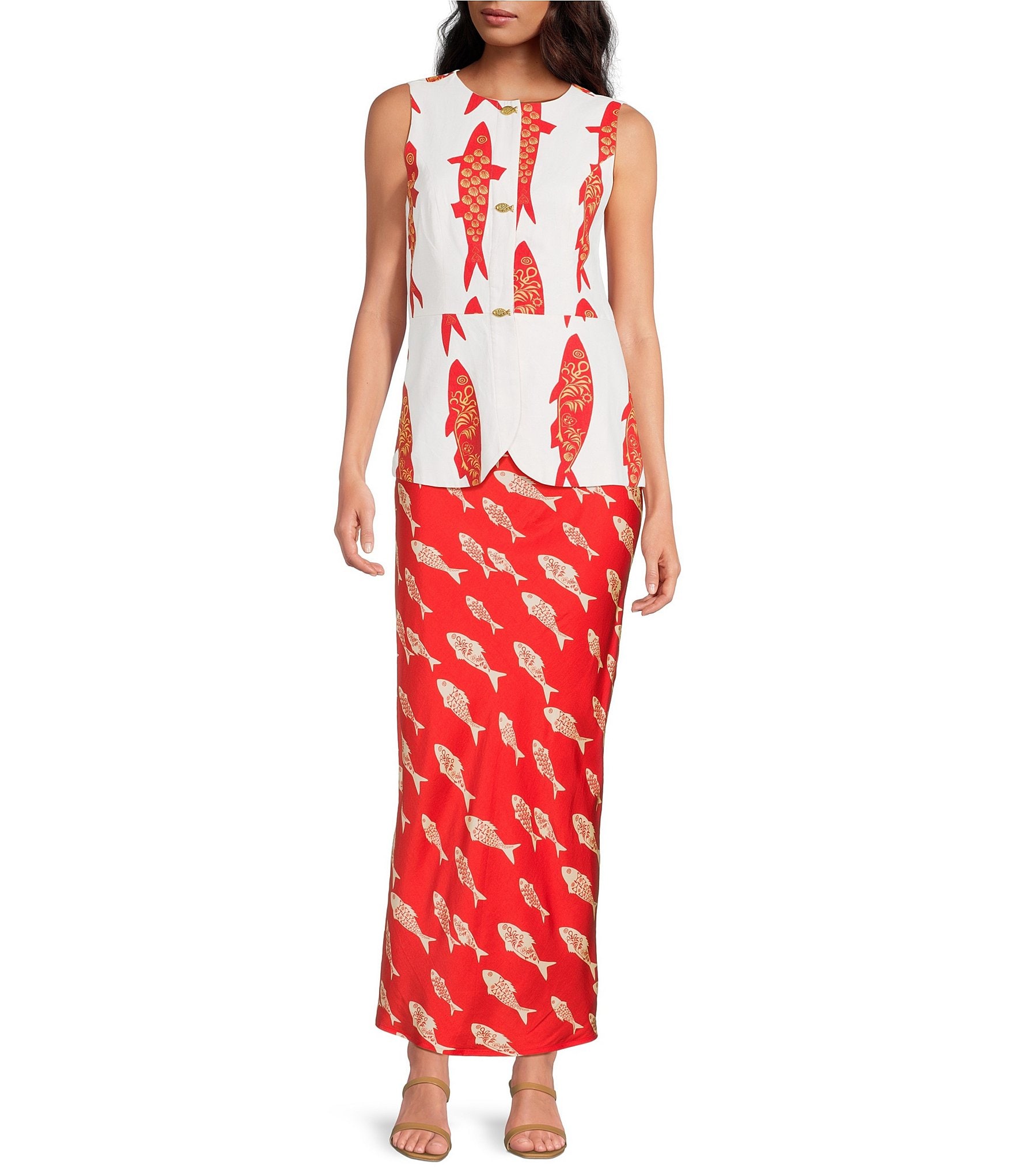 Never Fully Dressed Marina Fish Print Crew Neck Sleeveless Coordinating Waistcoat