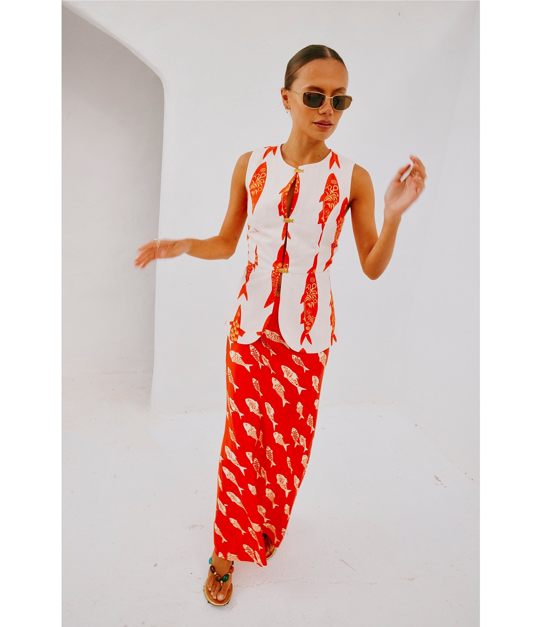 Never Fully Dressed Marina Fish Print Crew Neck Sleeveless Coordinating Waistcoat