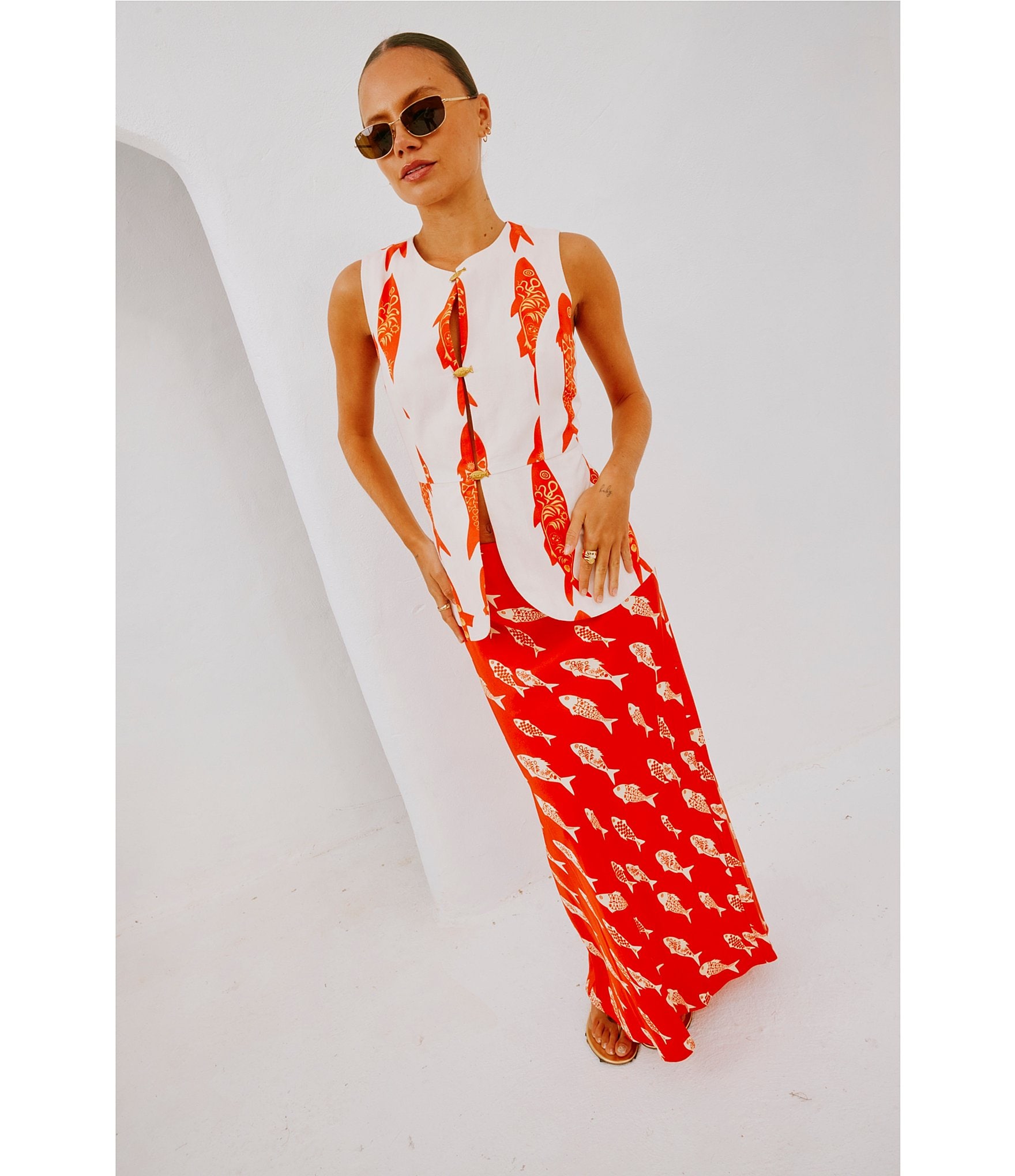 Never Fully Dressed Marina Fish Print Crew Neck Sleeveless Coordinating Waistcoat