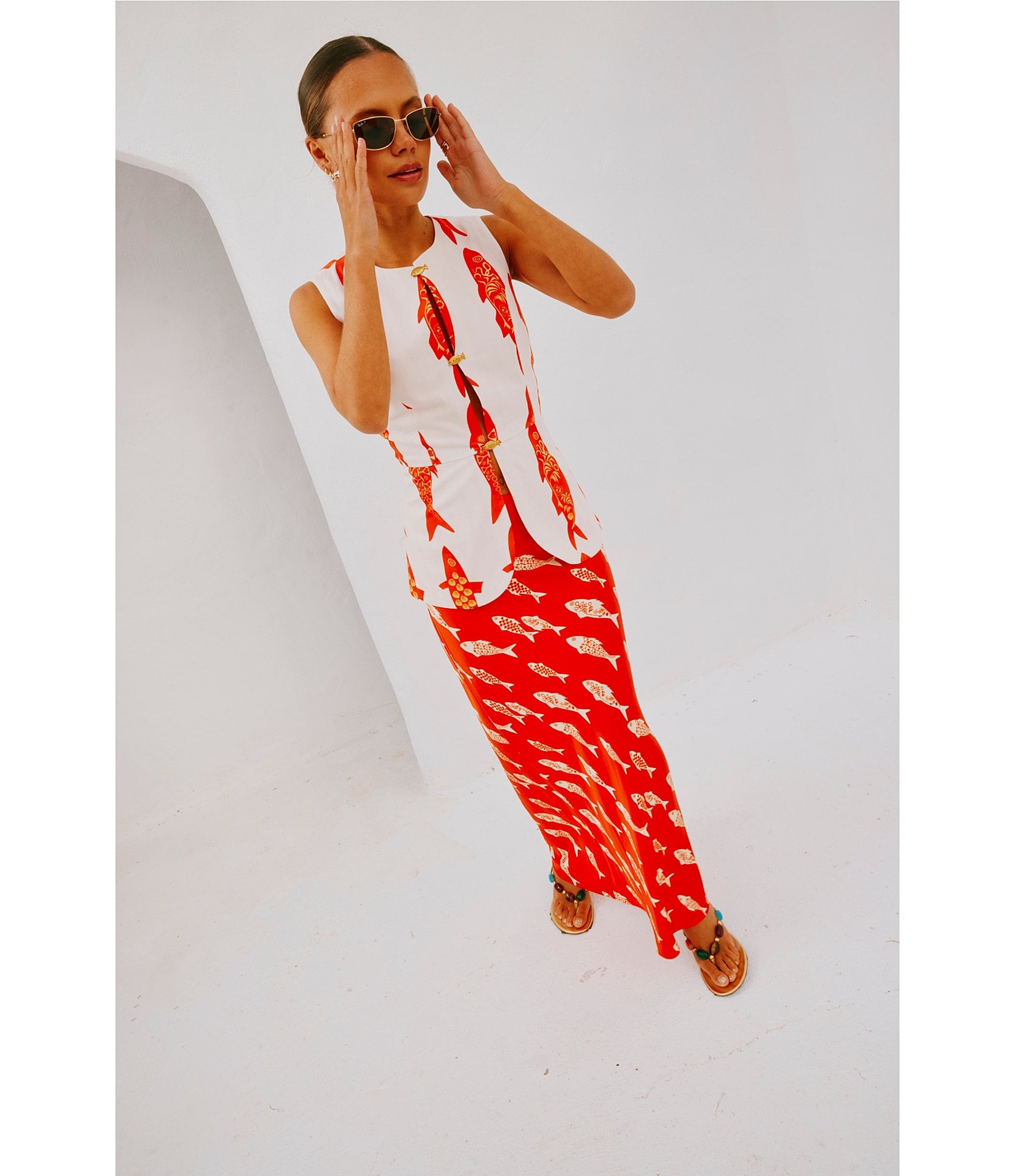 Never Fully Dressed Marina Fish Print Crew Neck Sleeveless Coordinating Waistcoat