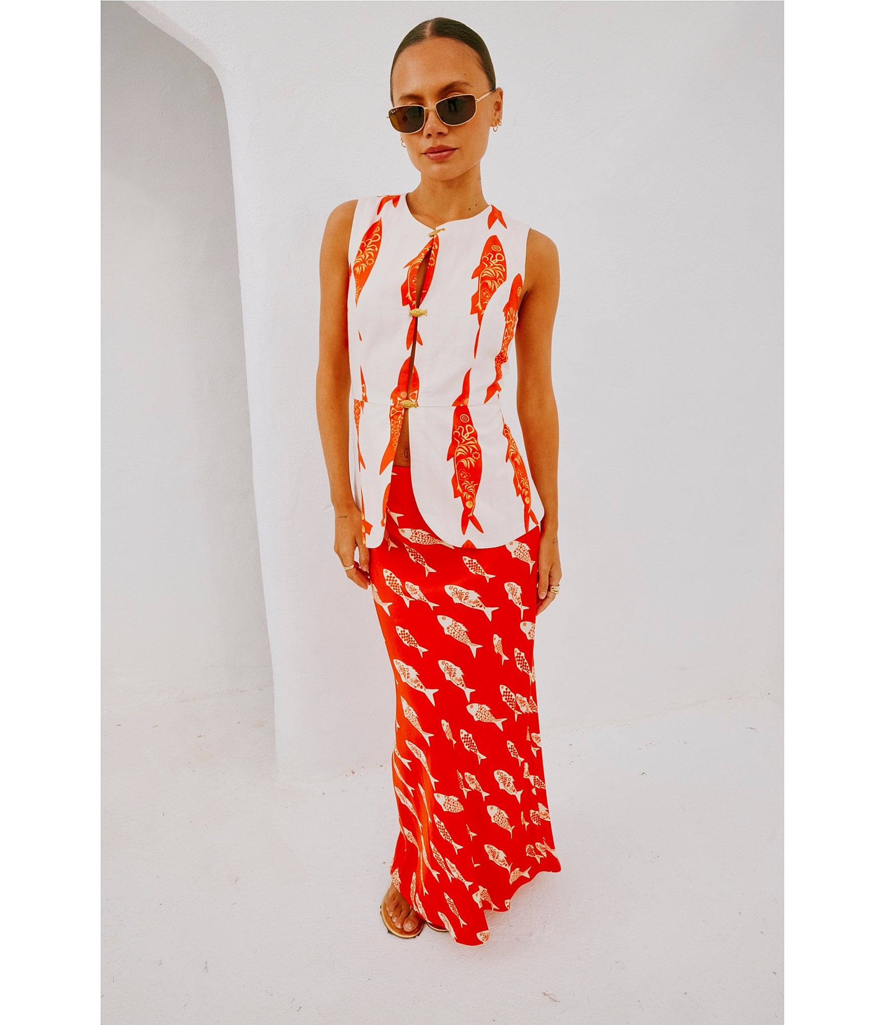 Never Fully Dressed Marina Fish Print Crew Neck Sleeveless Coordinating Waistcoat