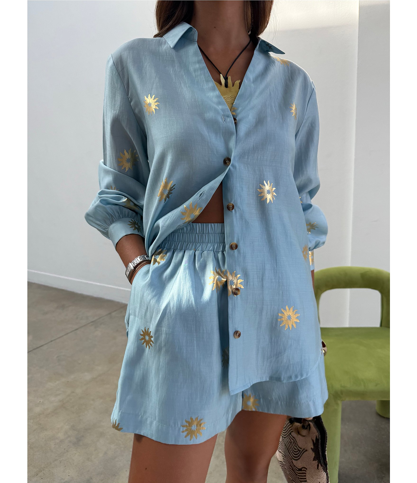 Never Fully Dressed Miley Sun Printed Collared Long Sleeve Button Front Coordinating Shirt