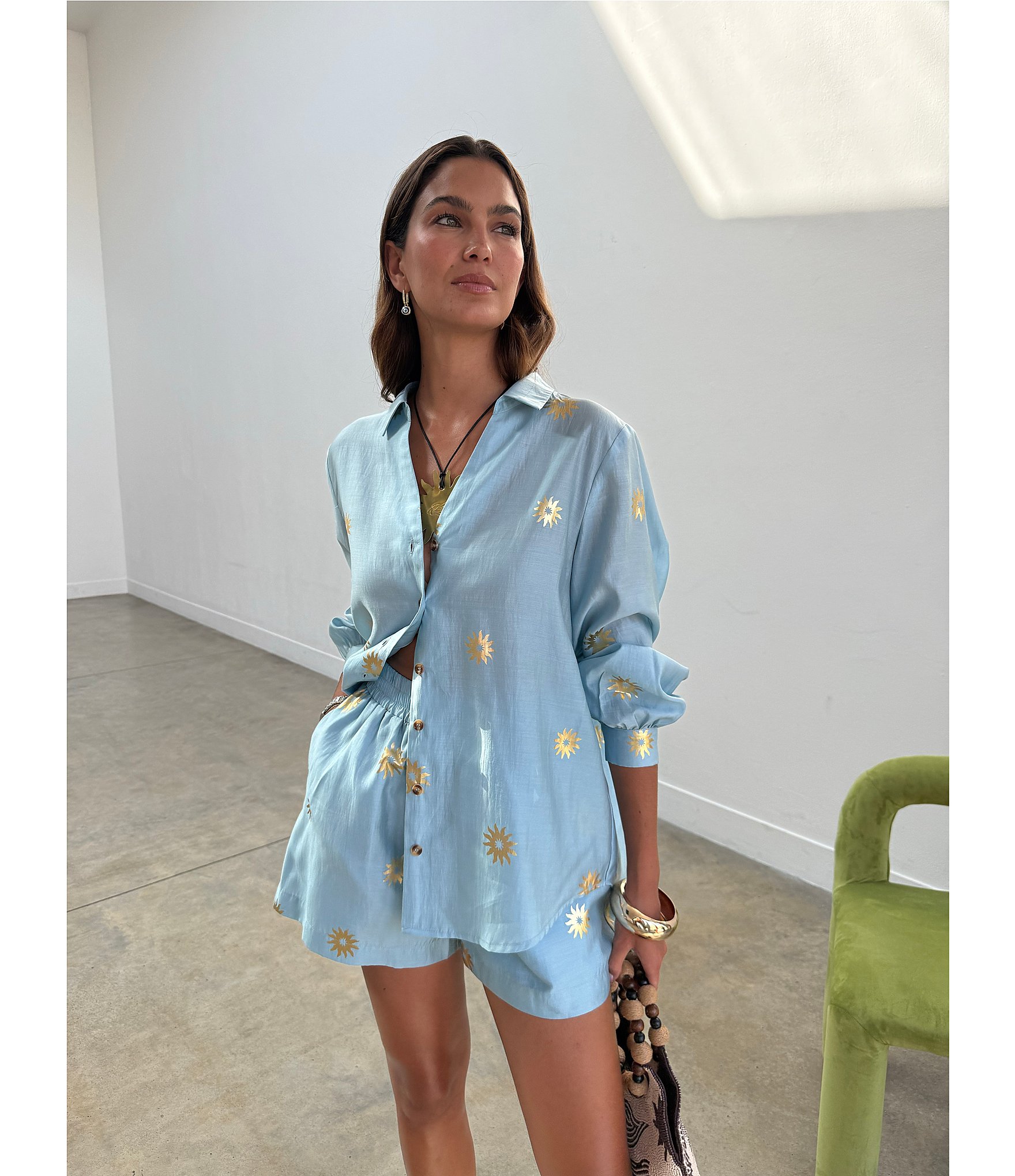 Never Fully Dressed Miley Sun Printed Collared Long Sleeve Button Front Coordinating Shirt