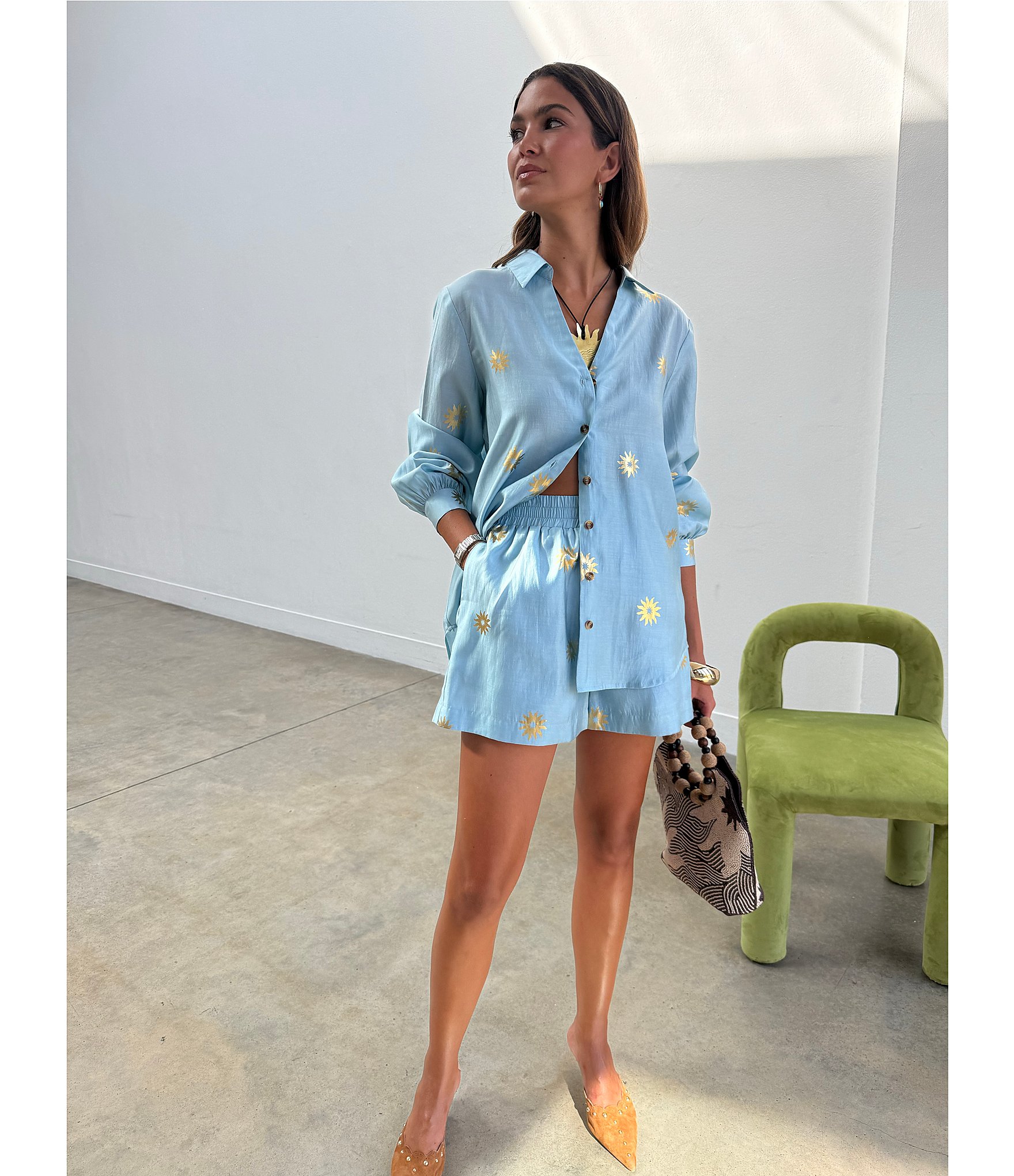 Never Fully Dressed Miley Sun Printed Collared Long Sleeve Button Front Coordinating Shirt