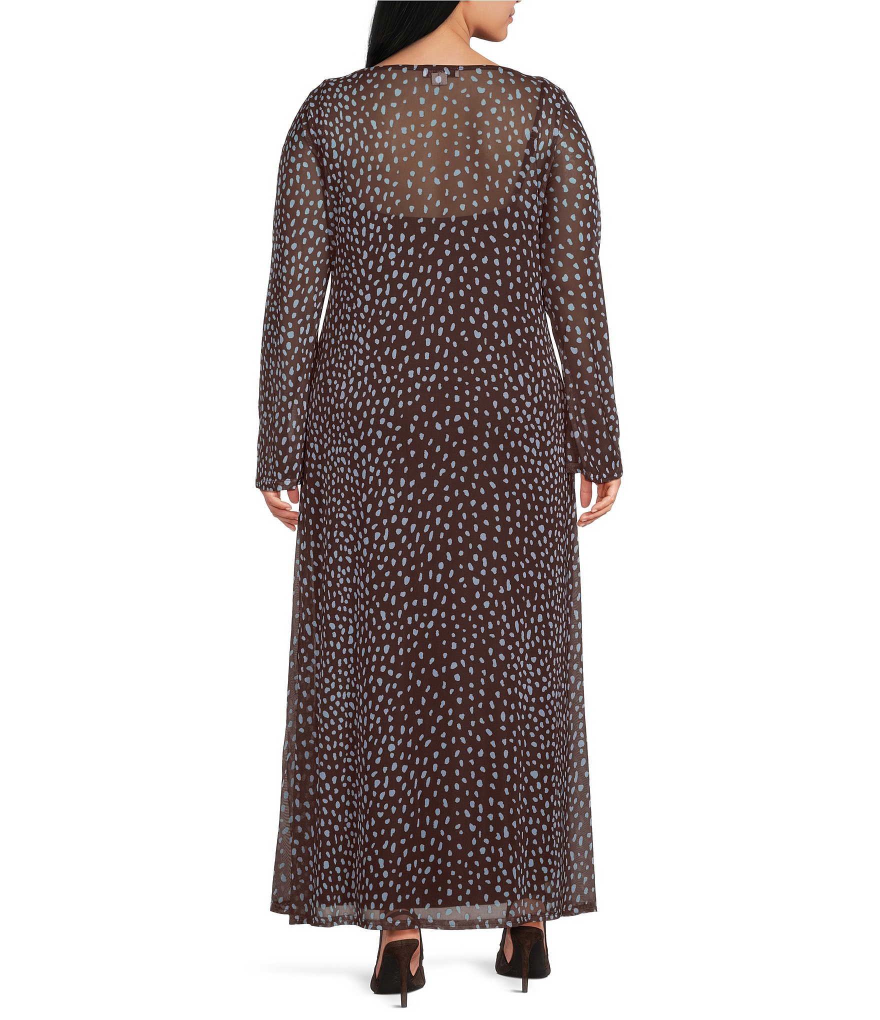 Never Fully Dressed Plus Size Aria Chocolate Deer Print Round Neck Long Sleeve Mesh Maxi Dress