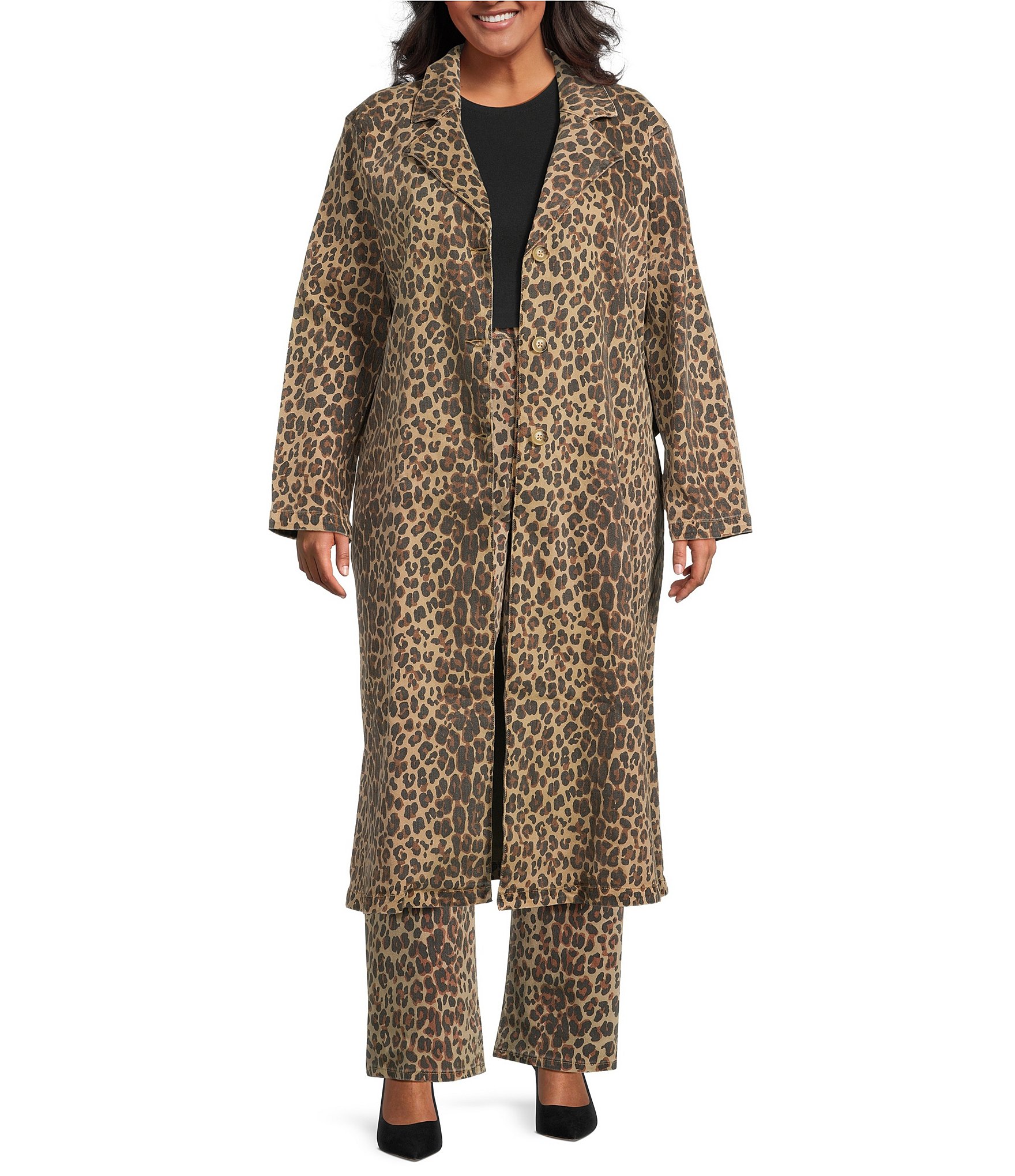 Never Fully Dressed Plus Size Leopard Print Long Sleeve Denim Trench Coat