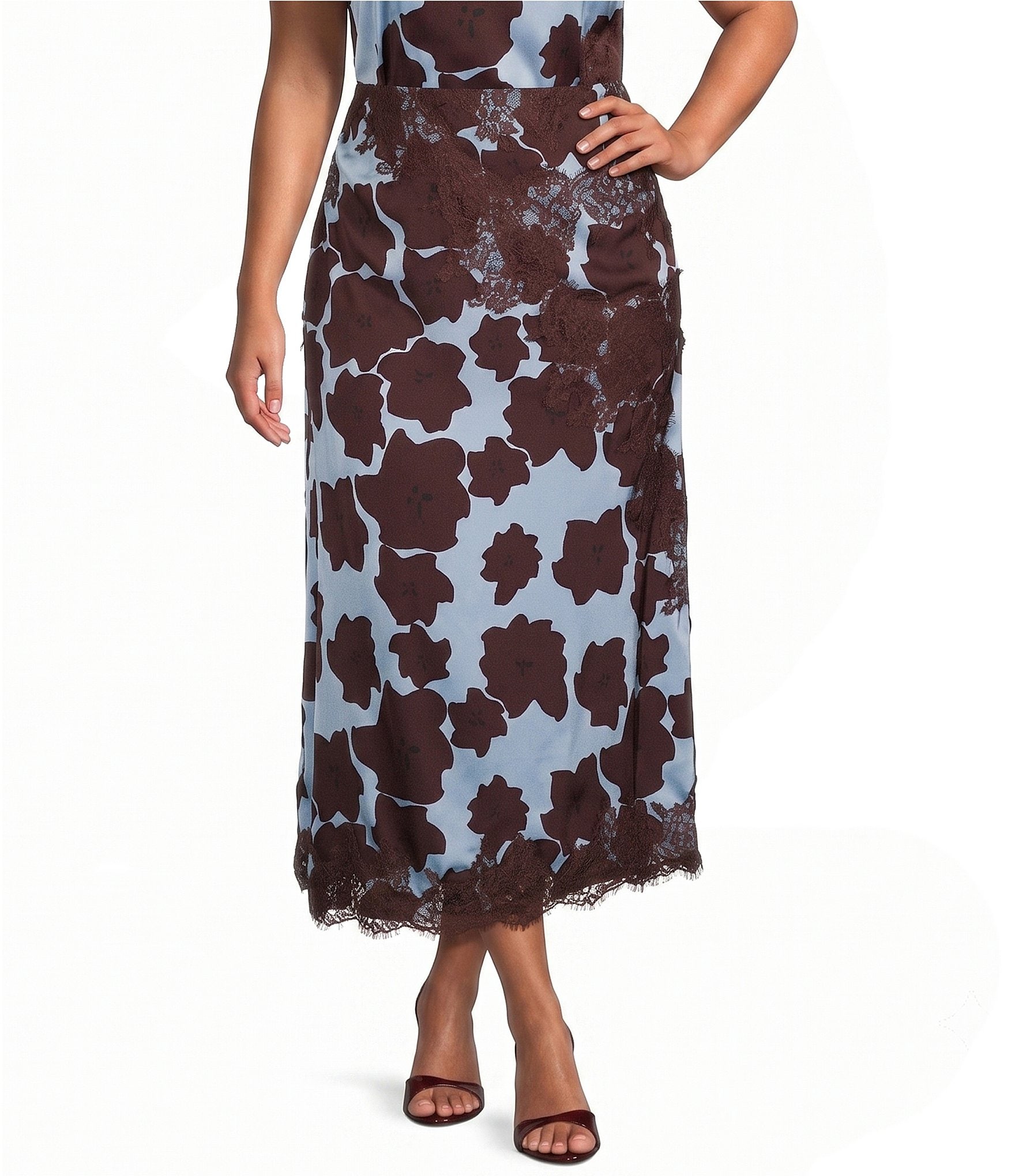 Never Fully Dressed Plus Size Lily Jaden Floral Print Lace Trim Coordinating Maxi Skirt