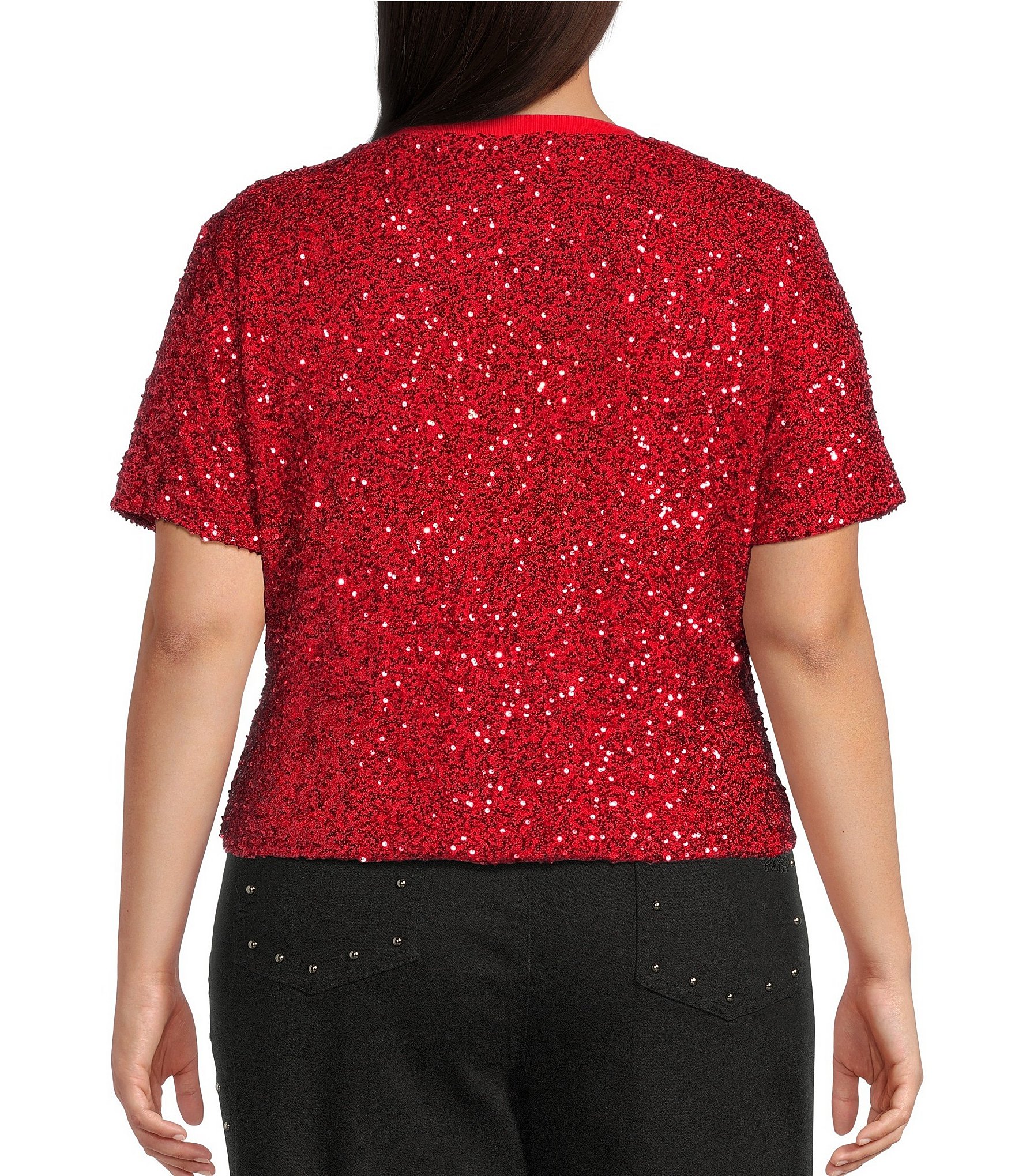 Never Fully Dressed Plus Size Sequin Crew Neck Short Sleeve Top