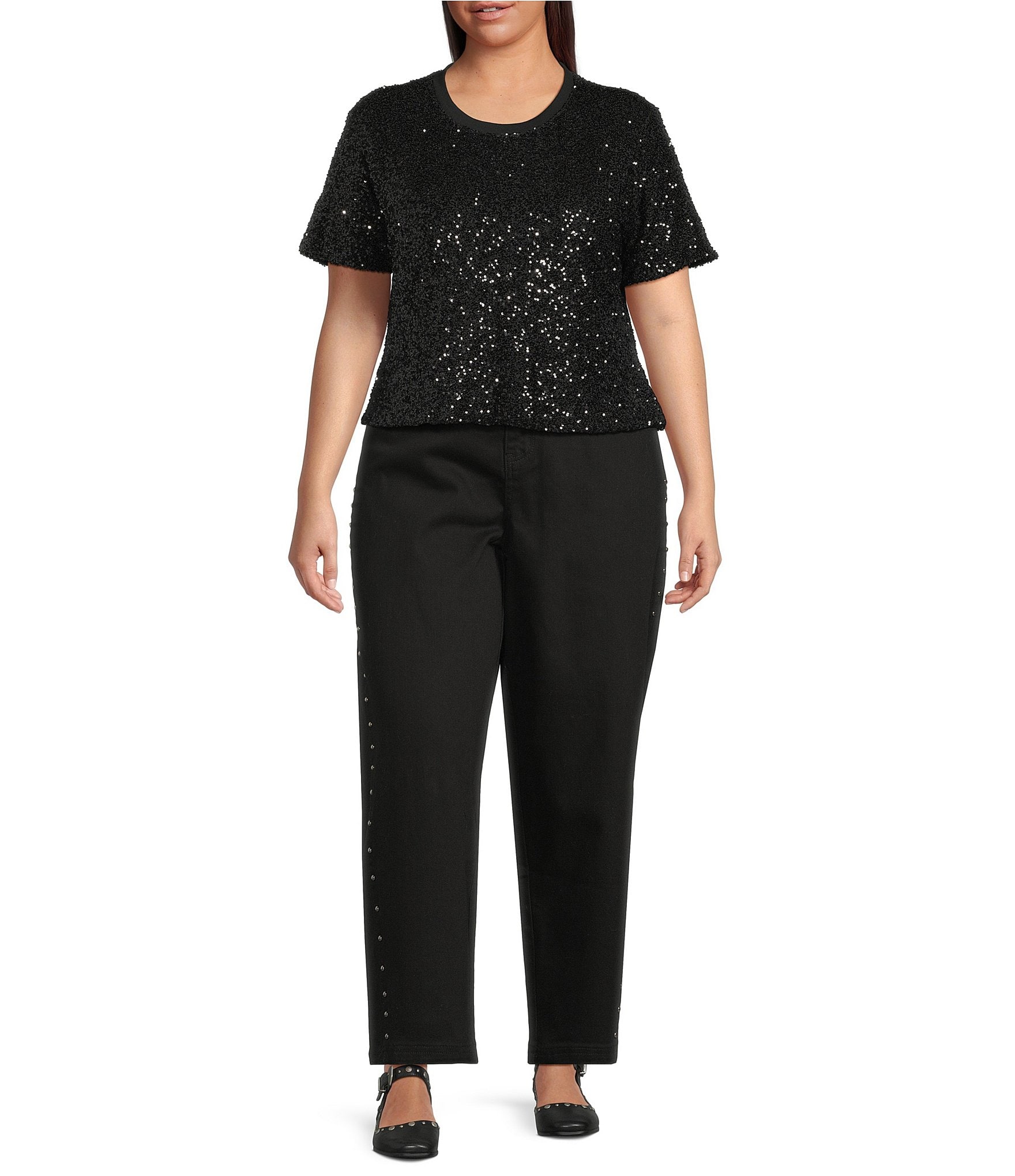 Never Fully Dressed Plus Size Sequin Crew Neck Short Sleeve Top