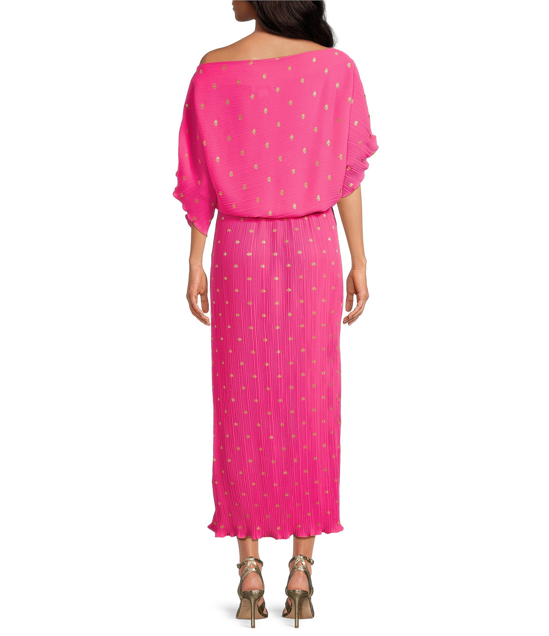 Never Fully Dressed Tilly Plisse Gold Fleck Print One Shoulder Neck Short Sleeve Maxi Dress