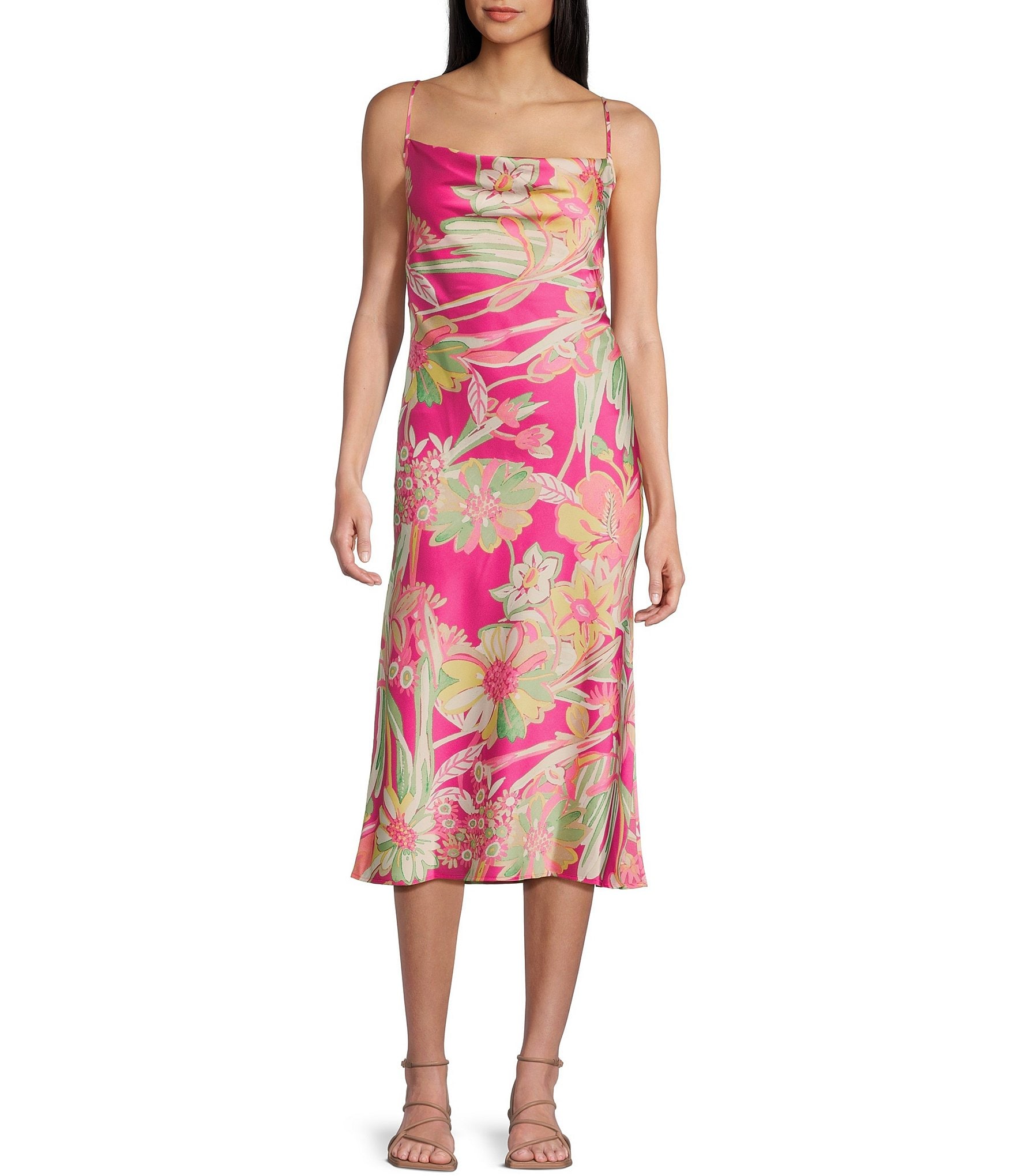 Next Up Floral Spaghetti Strap Cowl Neck Back Tie Midi Dress | Dillard's