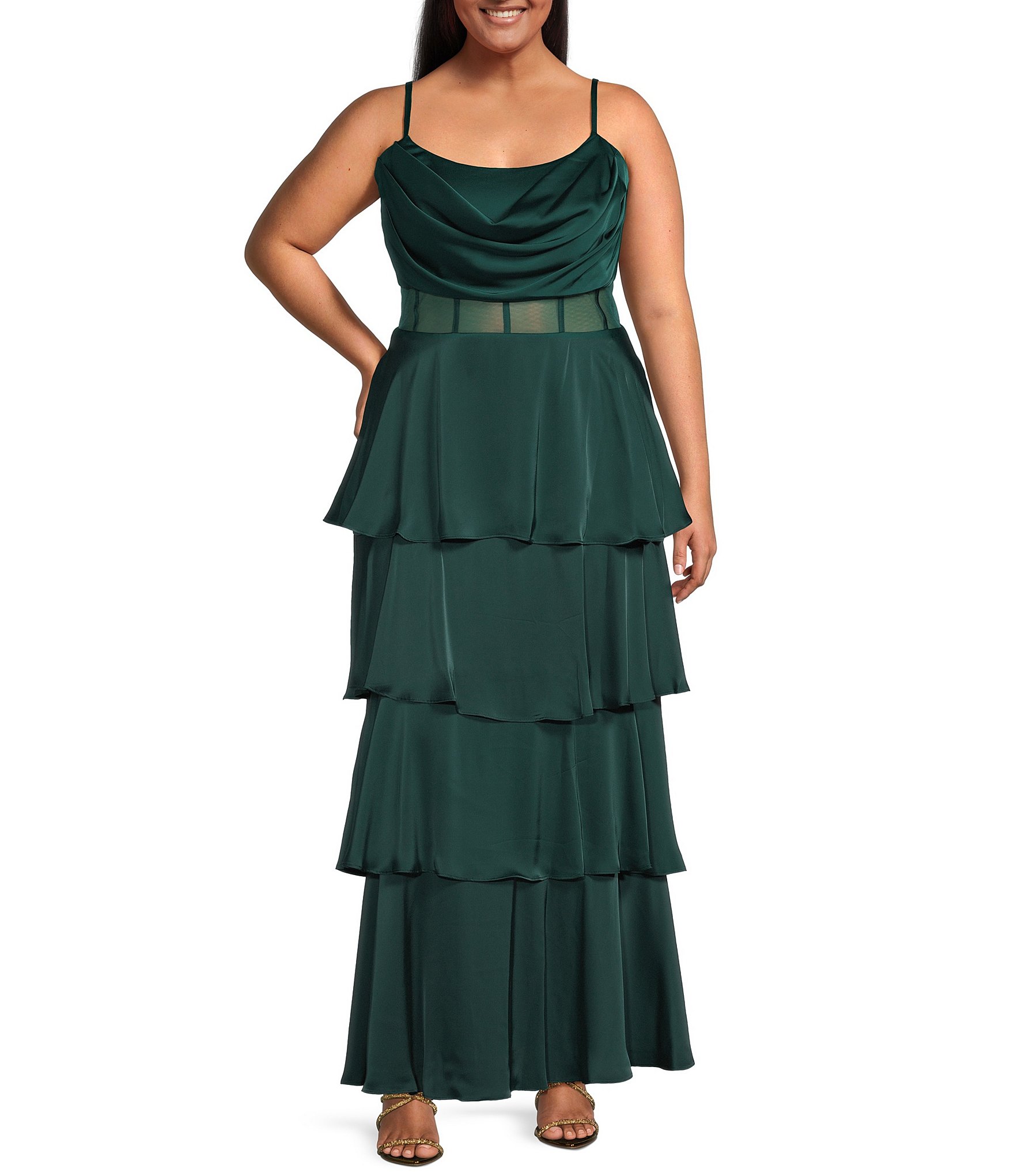 Next Up Plus Size Cowl Neck Spaghetti Strap Mesh Waist