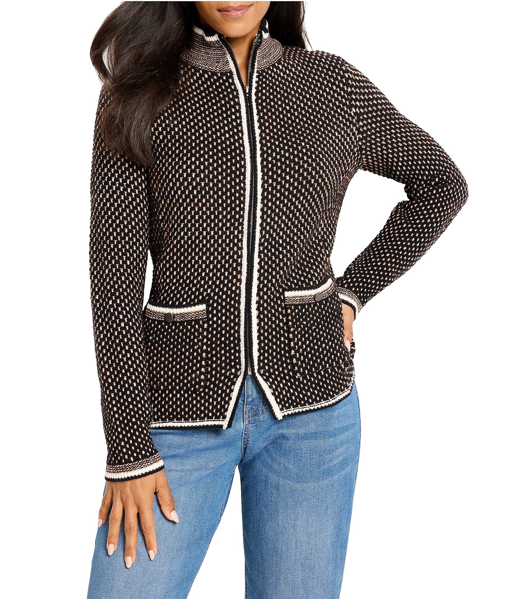 NIC + ZOE Brick Stitch Knit Banded Neck Long Sleeve Zip Front Jacket