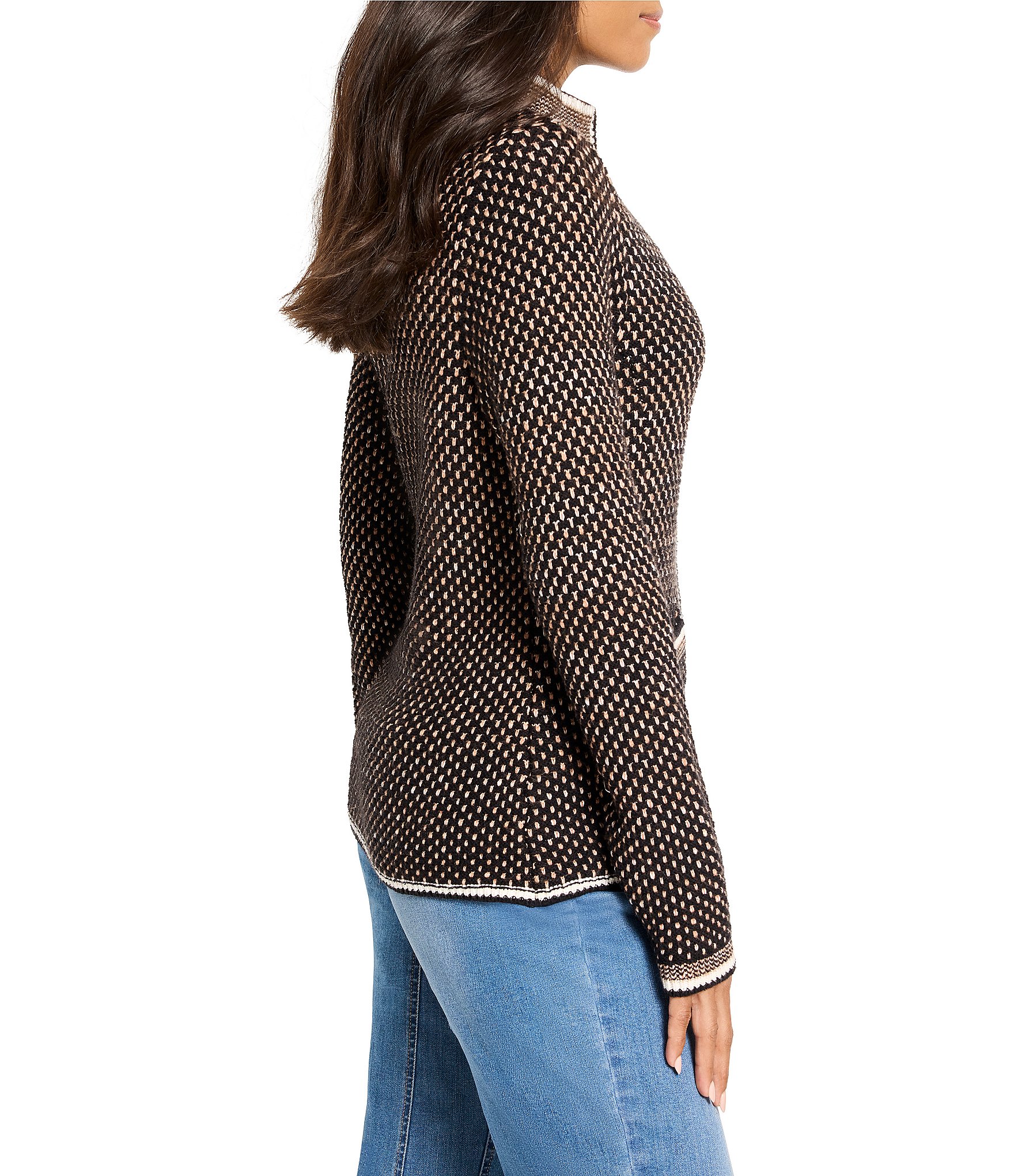 NIC + ZOE Brick Stitch Knit Banded Neck Long Sleeve Zip Front Jacket