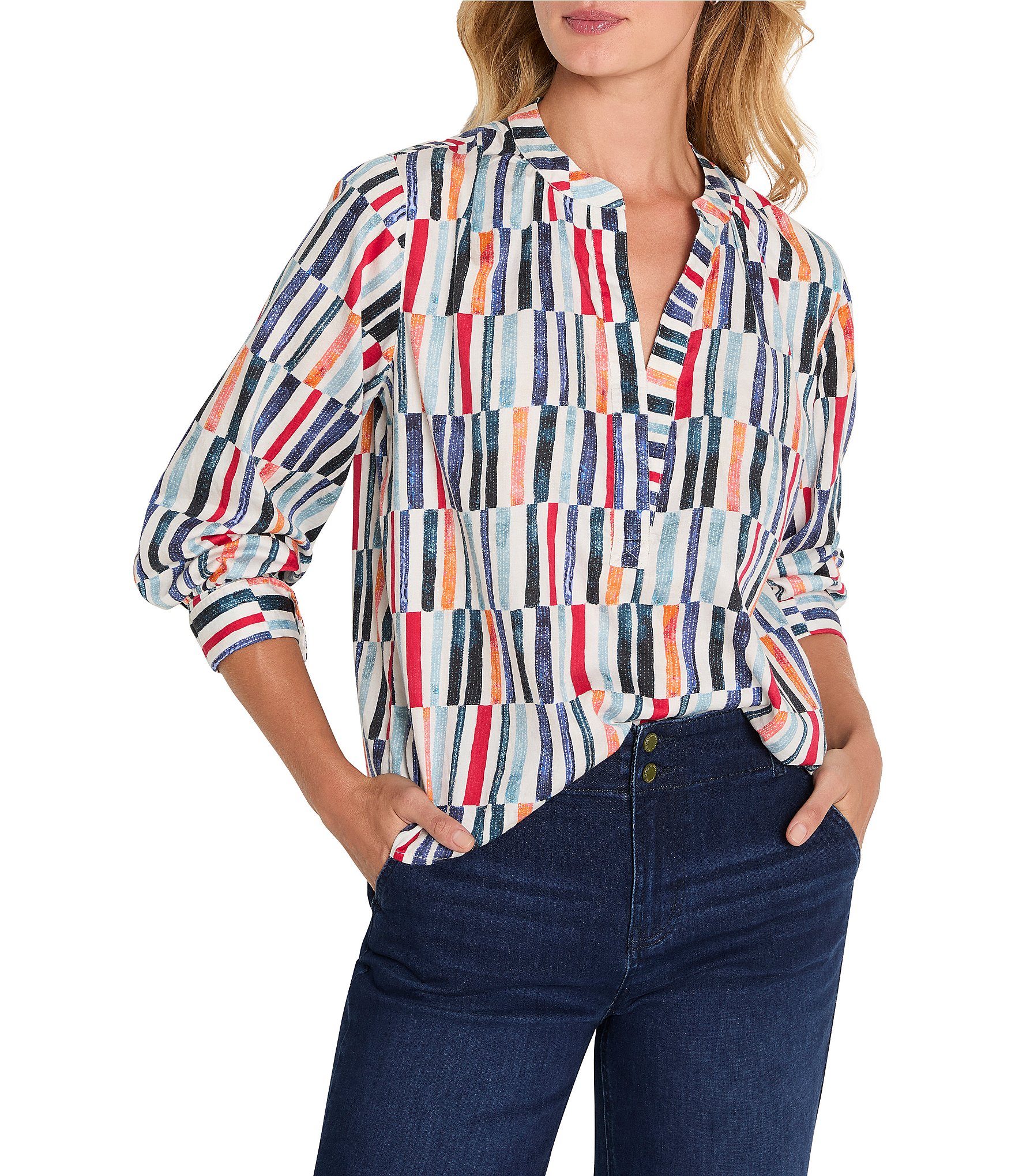 NIC + ZOE Broken Stripe Split Neck Long Sleeve Stop