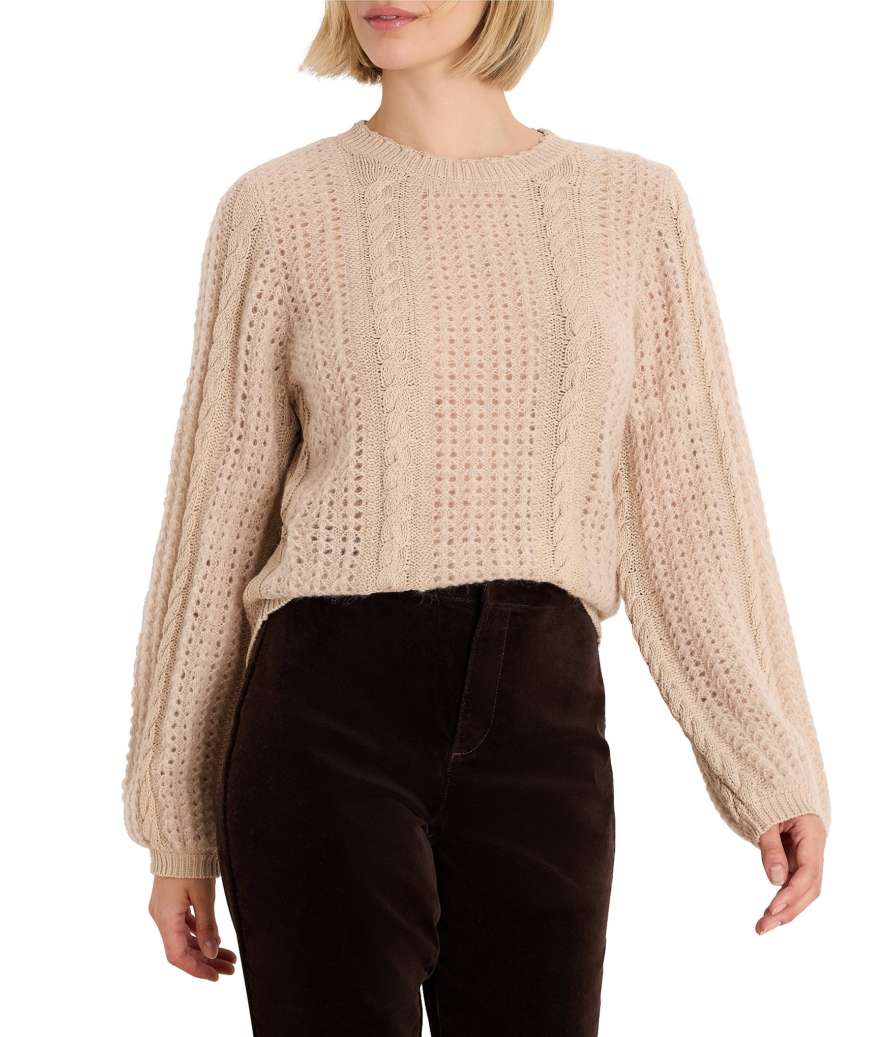 NIC + ZOE Cable-Knit Ribbed Crew Neck Long Sleeve Puff Mix Sweater