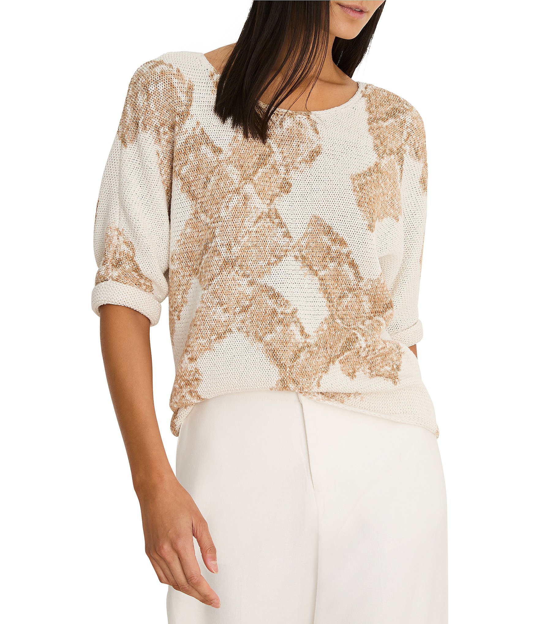 NIC + ZOE Cobblestone Stamp Round Neck Short Dolman Sleeve Top