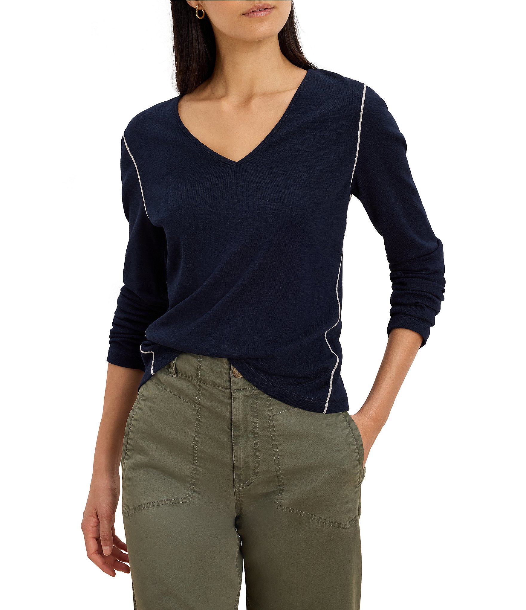 NIC + ZOE Cotton Modal Crew Neck Long Sleeve Contrast Stitching Tee