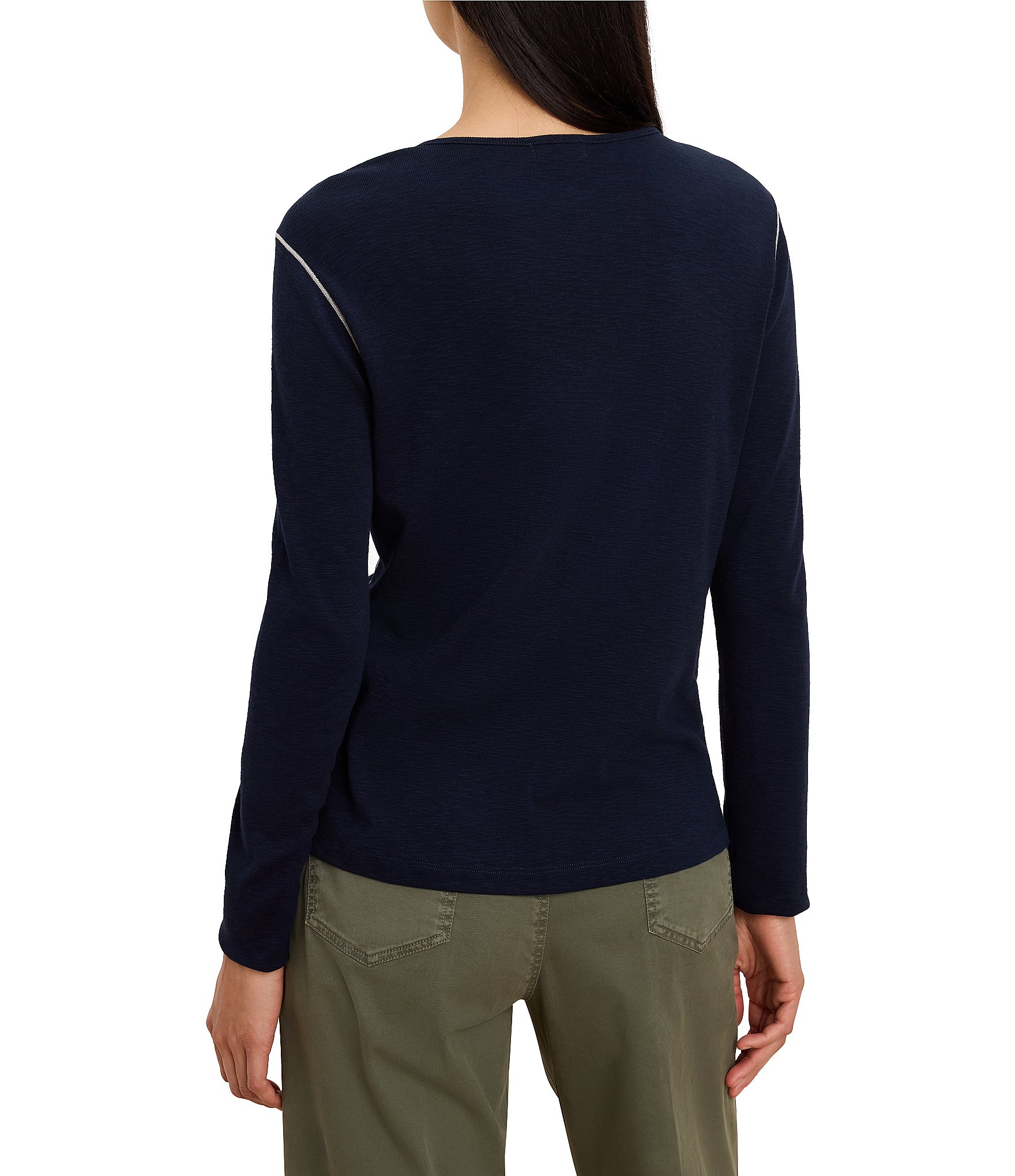 NIC + ZOE Cotton Modal Crew Neck Long Sleeve Contrast Stitching Tee