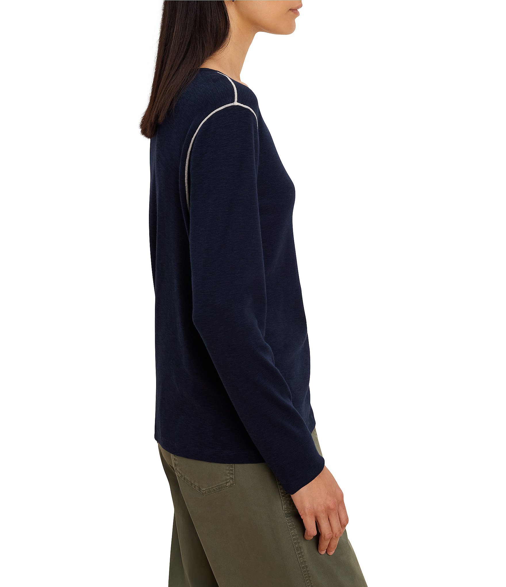 NIC + ZOE Cotton Modal Crew Neck Long Sleeve Contrast Stitching Tee