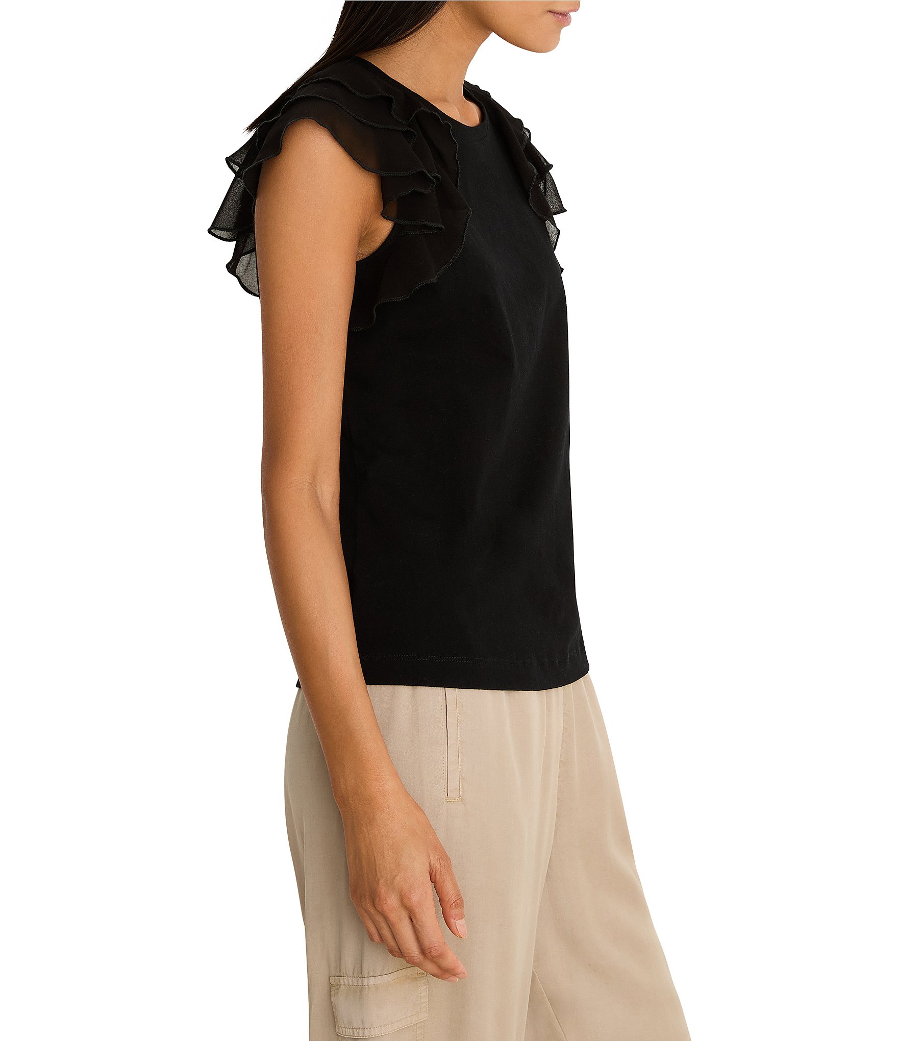 NIC + ZOE Crew Neck Layered Ruffle Chiffon Cap Sleeve Drift Top