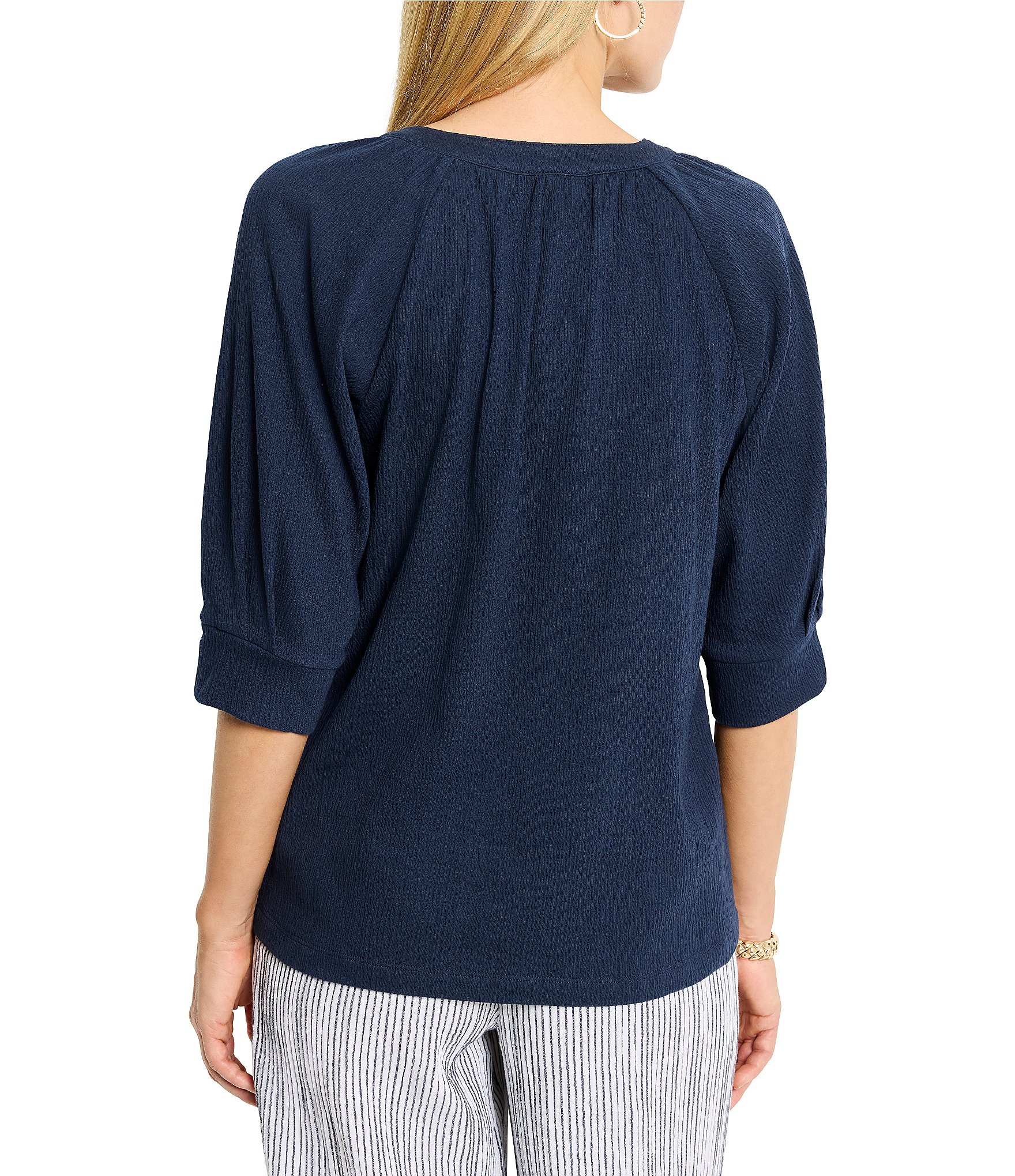 NIC + ZOE Crinkle Knit Split Neck Elbow Sleeve Top