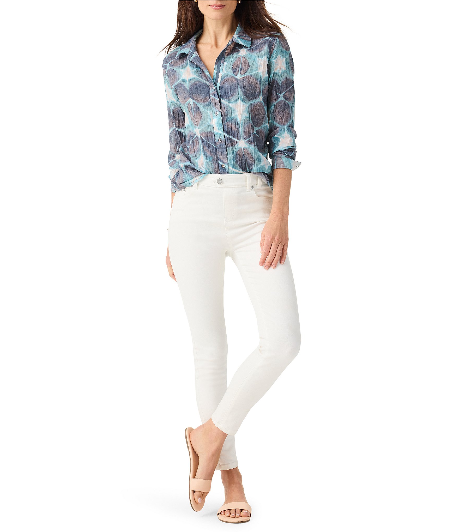 NIC + ZOE Crinkle Woven Ethereal Seas Print Point Shirt Collar Long Sleeve Button Front Shirt