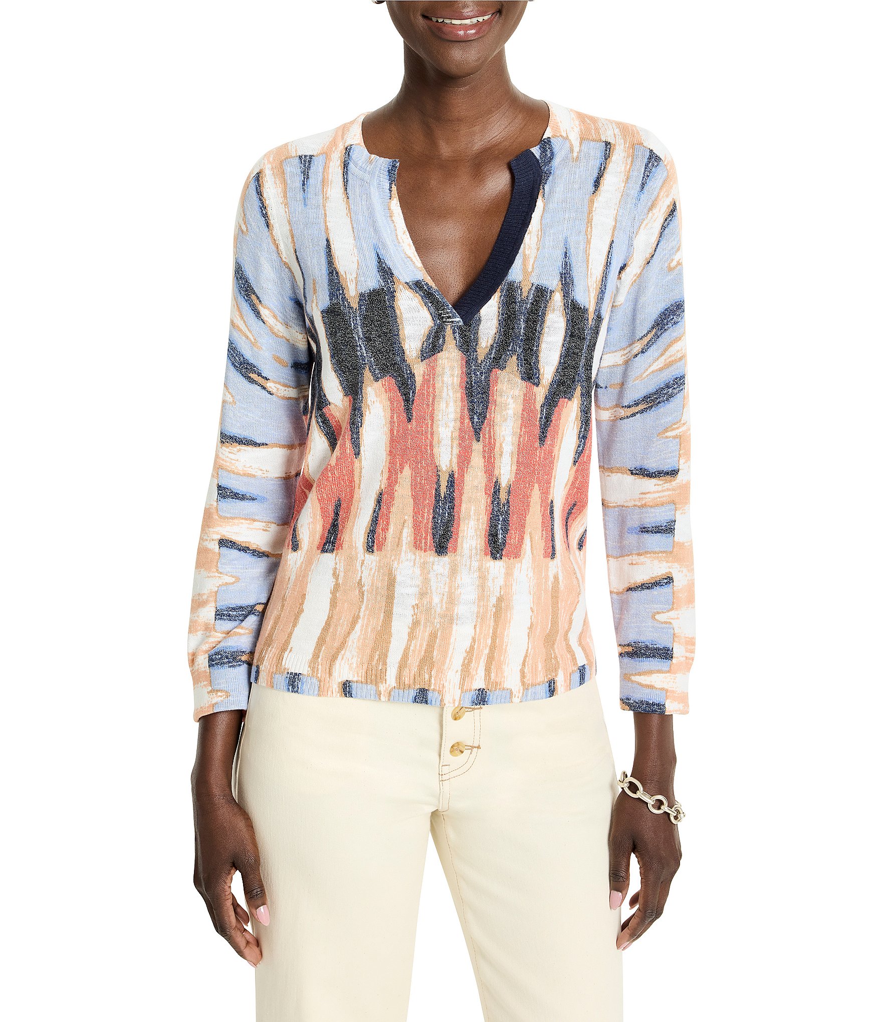 NIC + ZOE Criss Cross Slub Knit V-Neck Bracelet Sleeve Sweater