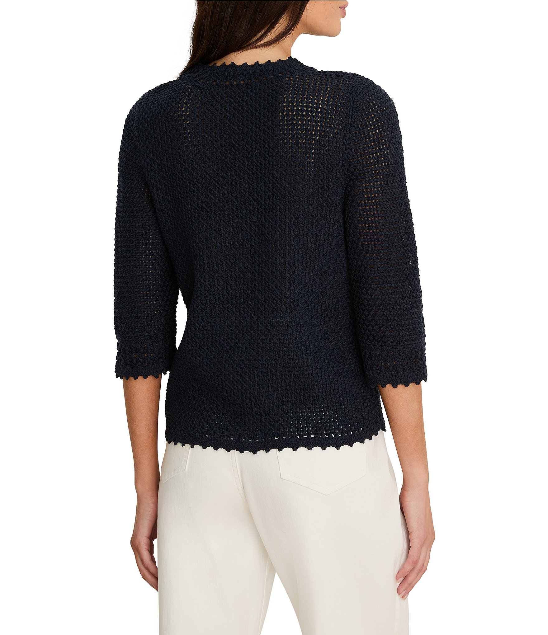 NIC + ZOE Crochet Mesh Split Neck Elbow Sleeve Top