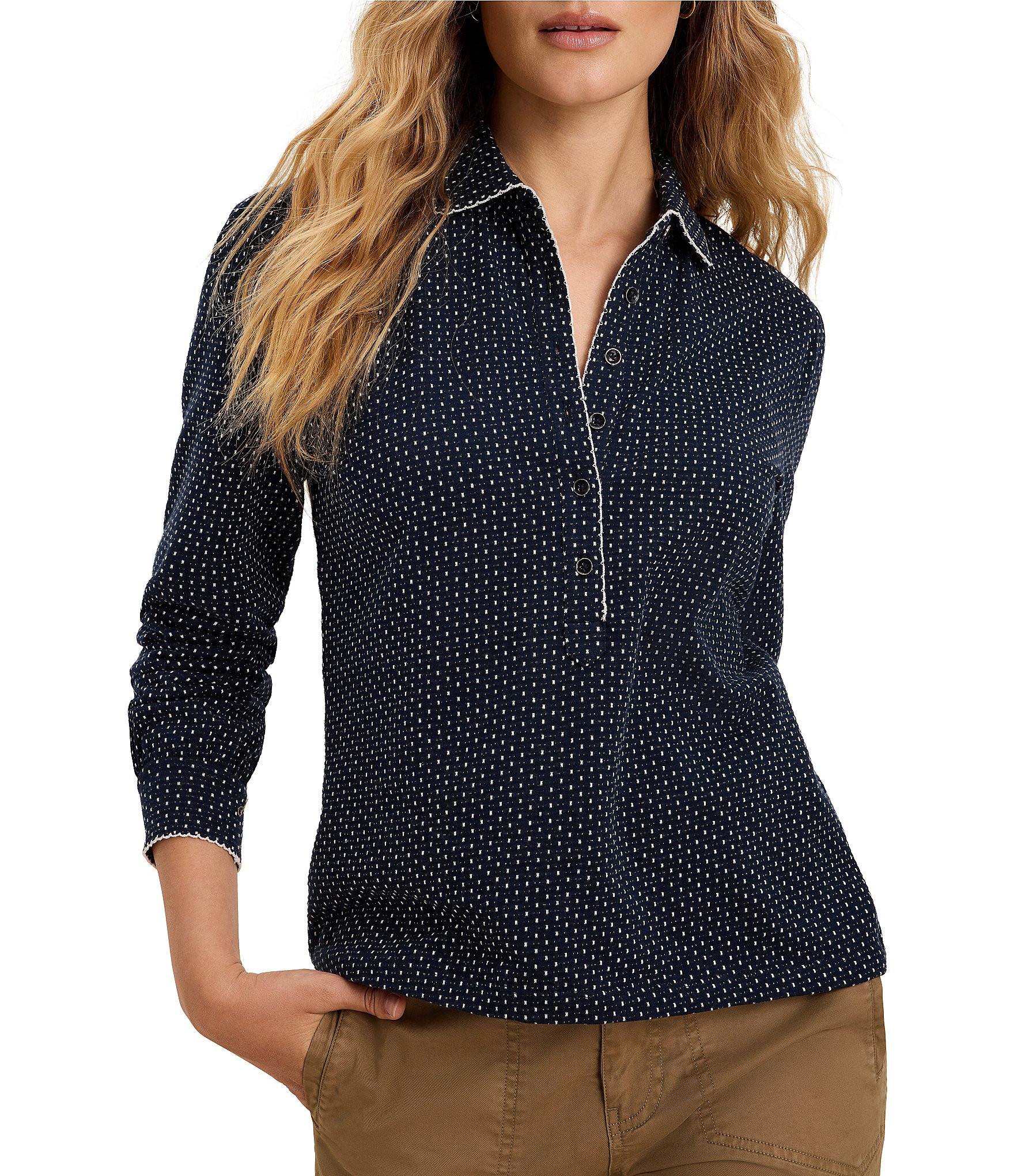 NIC + ZOE Derby Dot Point Collar Long Sleeve Polo Top