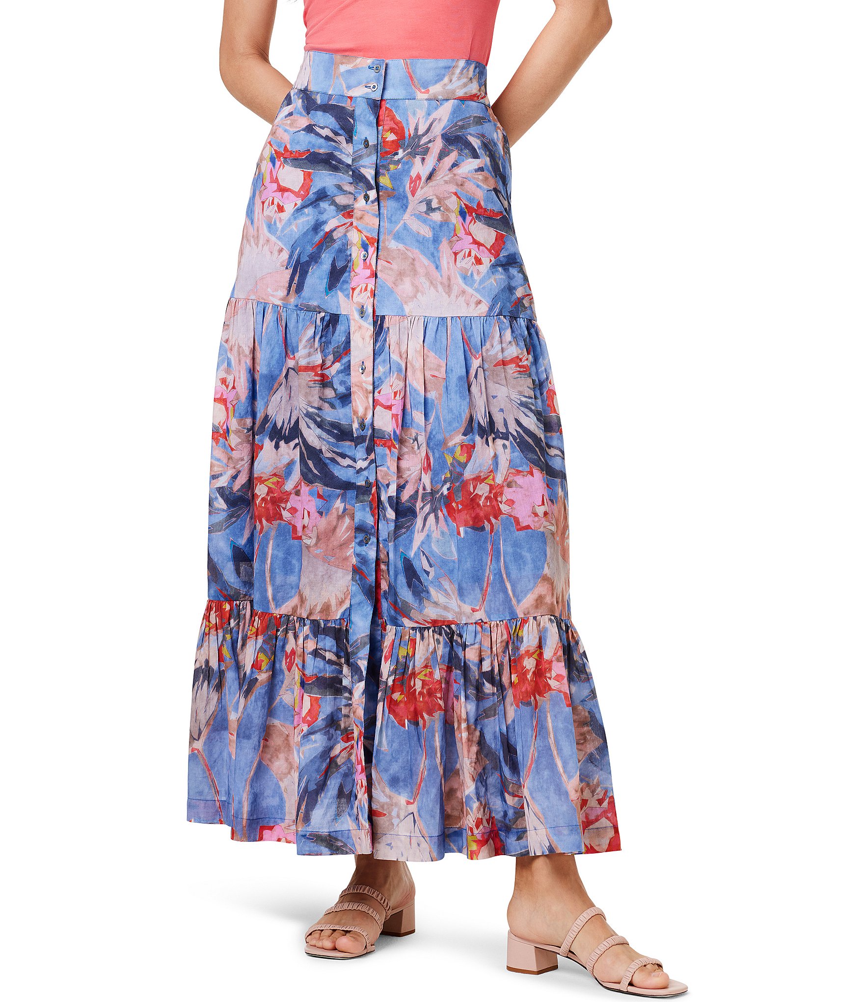 NIC + ZOE Dreamscape Floral Print Tiered Button Front A-Line Maxi Skirt ...
