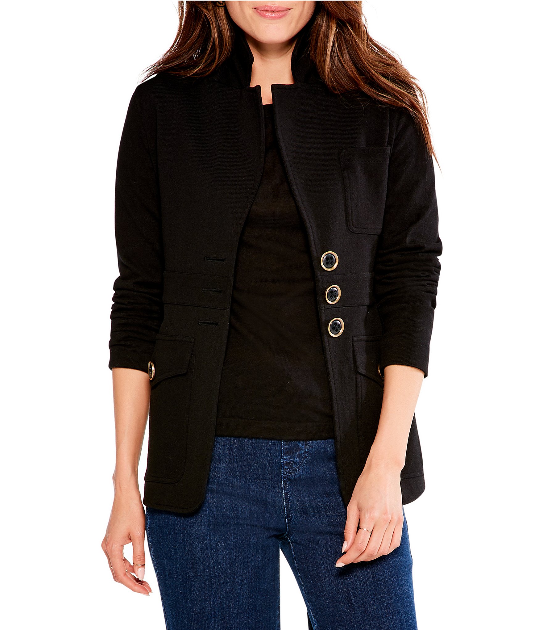 NIC + ZOE Editor Knit Notch Collar Long Sleeve Pocketed ButtonFront