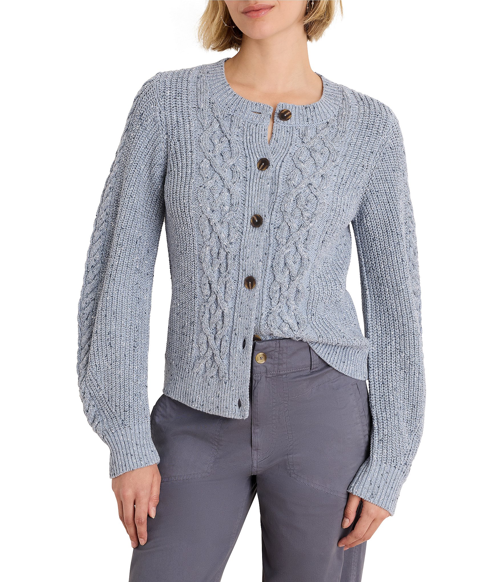 NIC + ZOE Flecked Shaker Round Neck Long Sleeve Button Front Cardigan