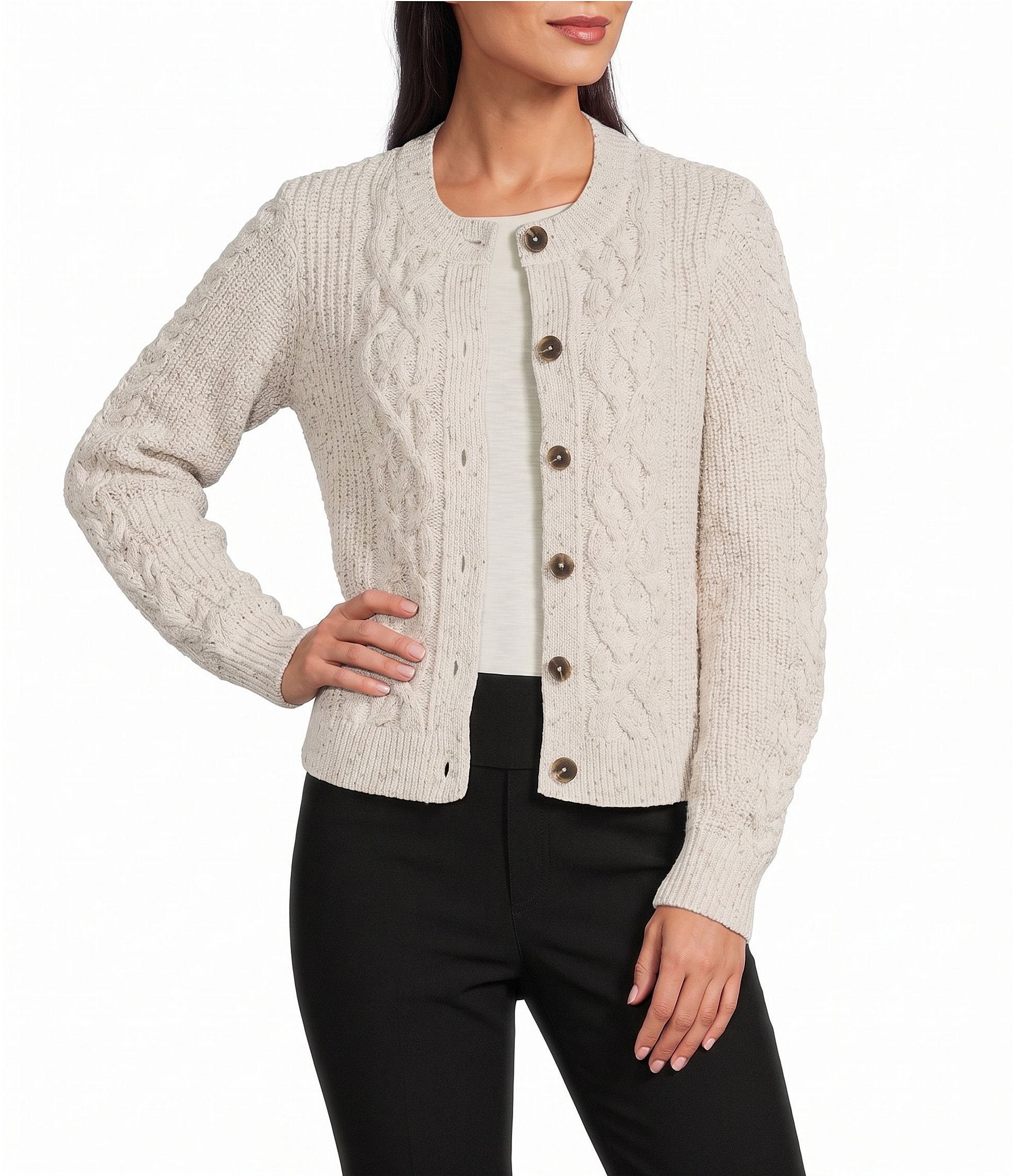 NIC + ZOE Flecked Shaker Round Neck Long Sleeve Button Front Cardigan