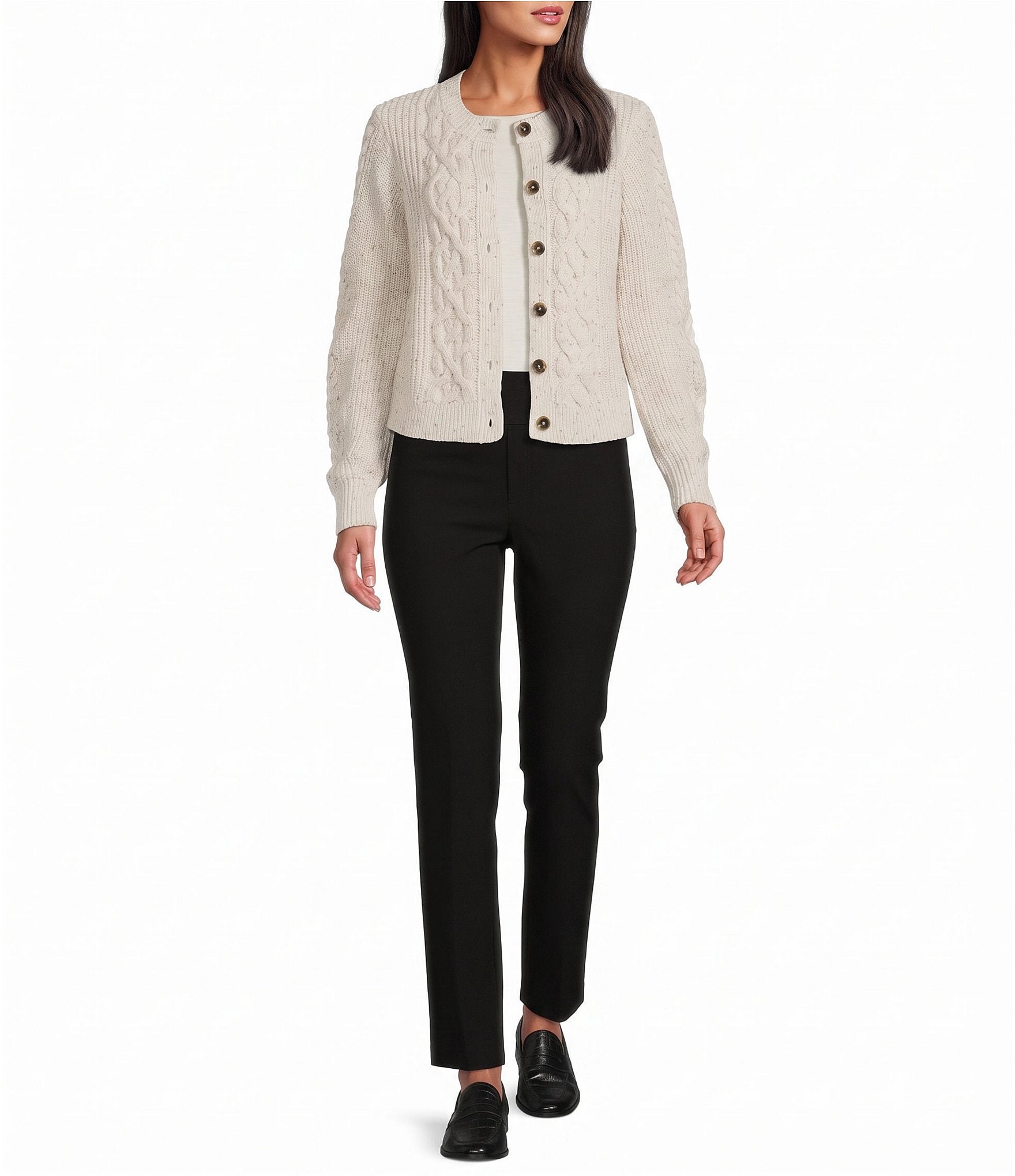 NIC + ZOE Flecked Shaker Round Neck Long Sleeve Button Front Cardigan