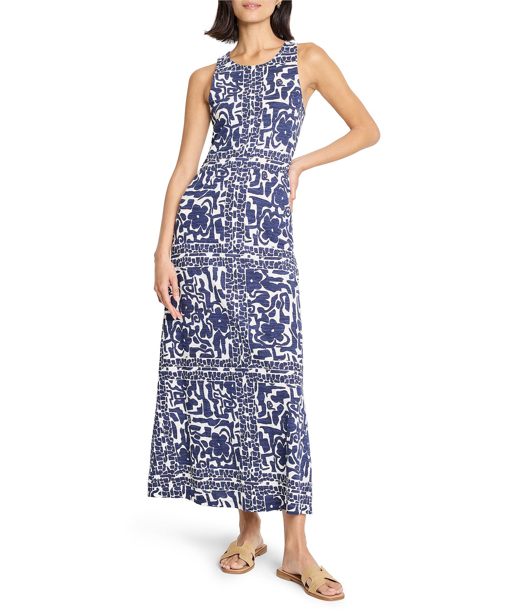 NIC + ZOE Floret Blues Knit Round Neck Sleeveless Maxi Dress