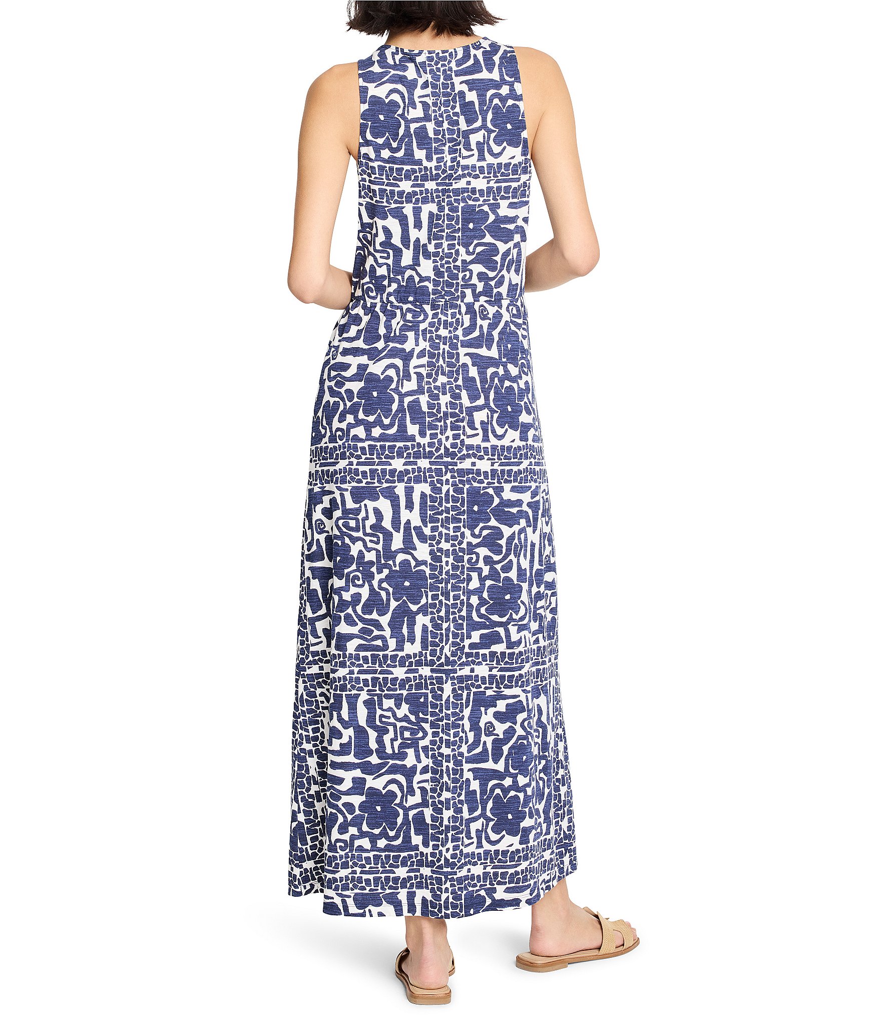 NIC + ZOE Floret Blues Knit Round Neck Sleeveless Maxi Dress