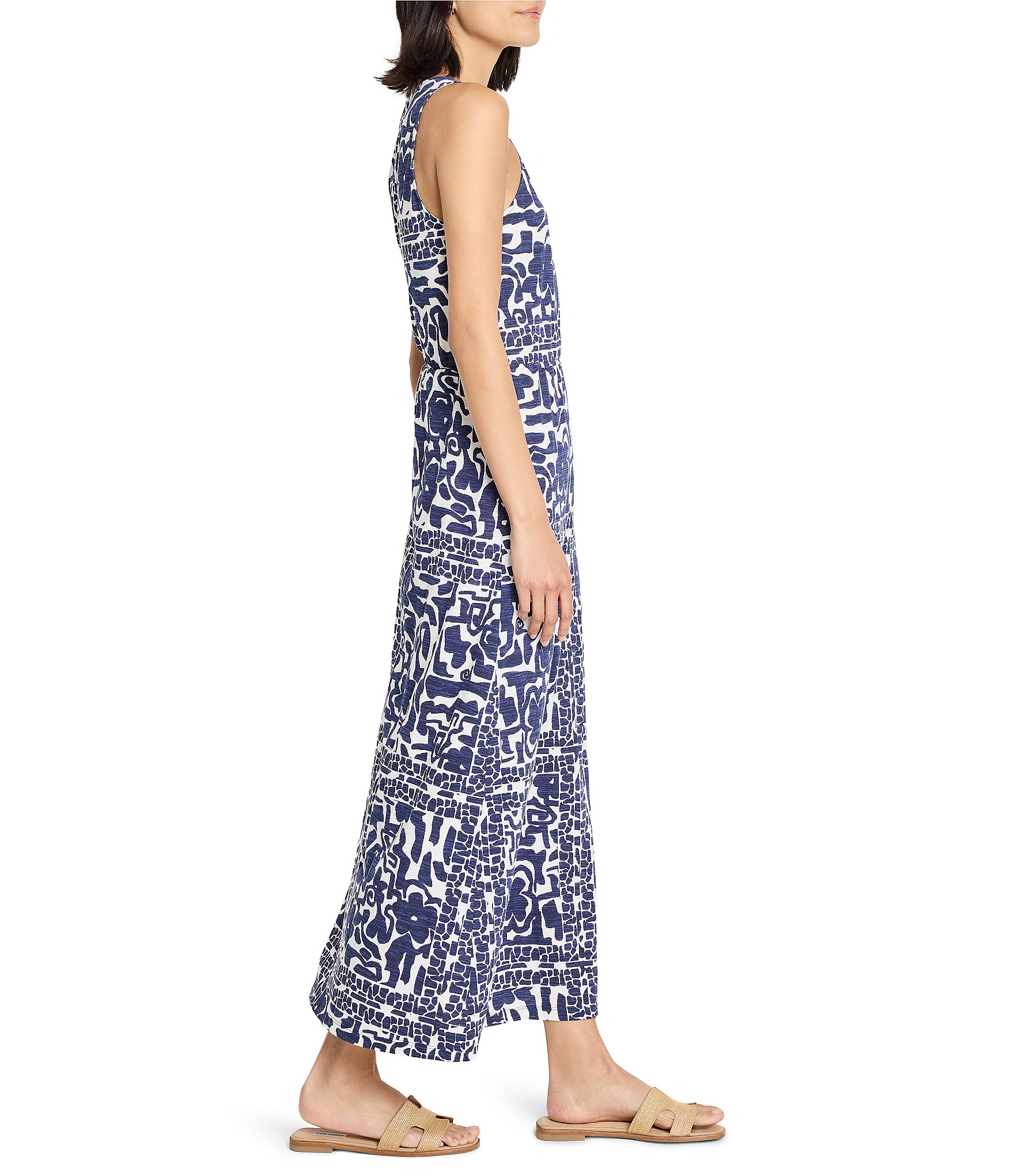 NIC + ZOE Floret Blues Knit Round Neck Sleeveless Maxi Dress