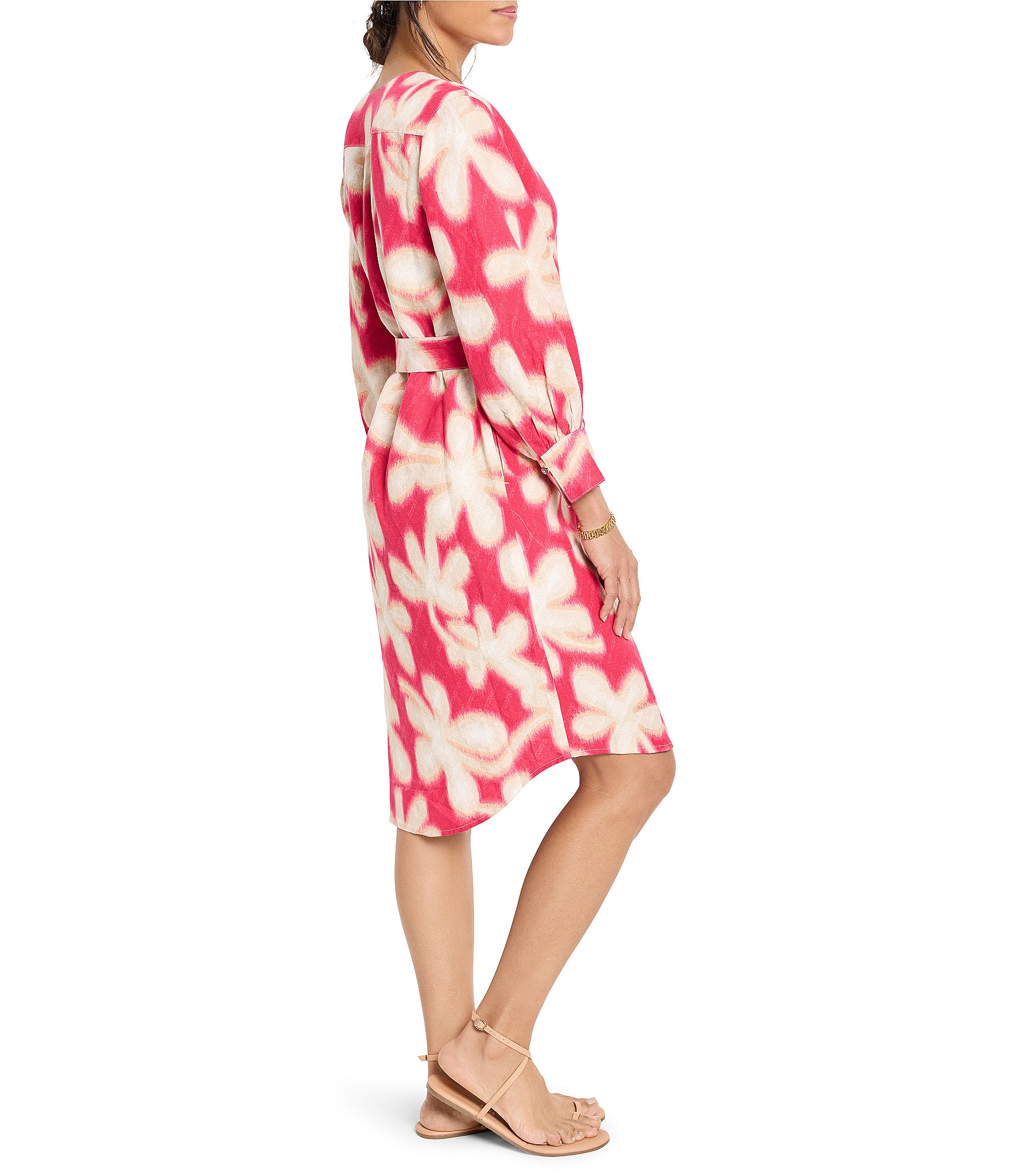 NIC + ZOE Glowing Flower Print Linen Blend Round Neck Long Sleeve Shirt Dress