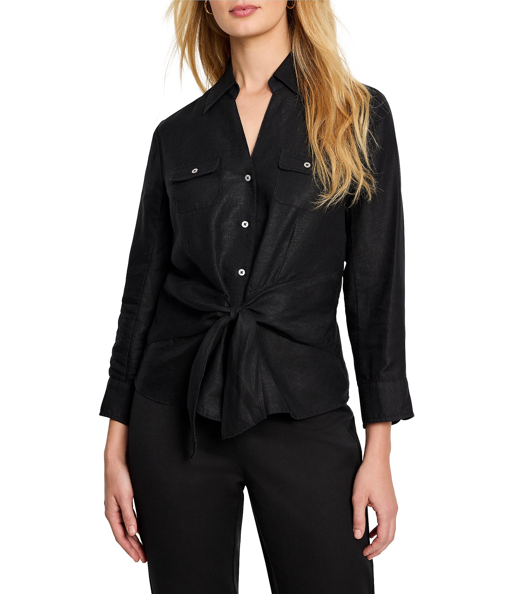 NIC + ZOE Iconic Woven Point Collar V-Neck 3/4 Sleeve Tie Front Shirt