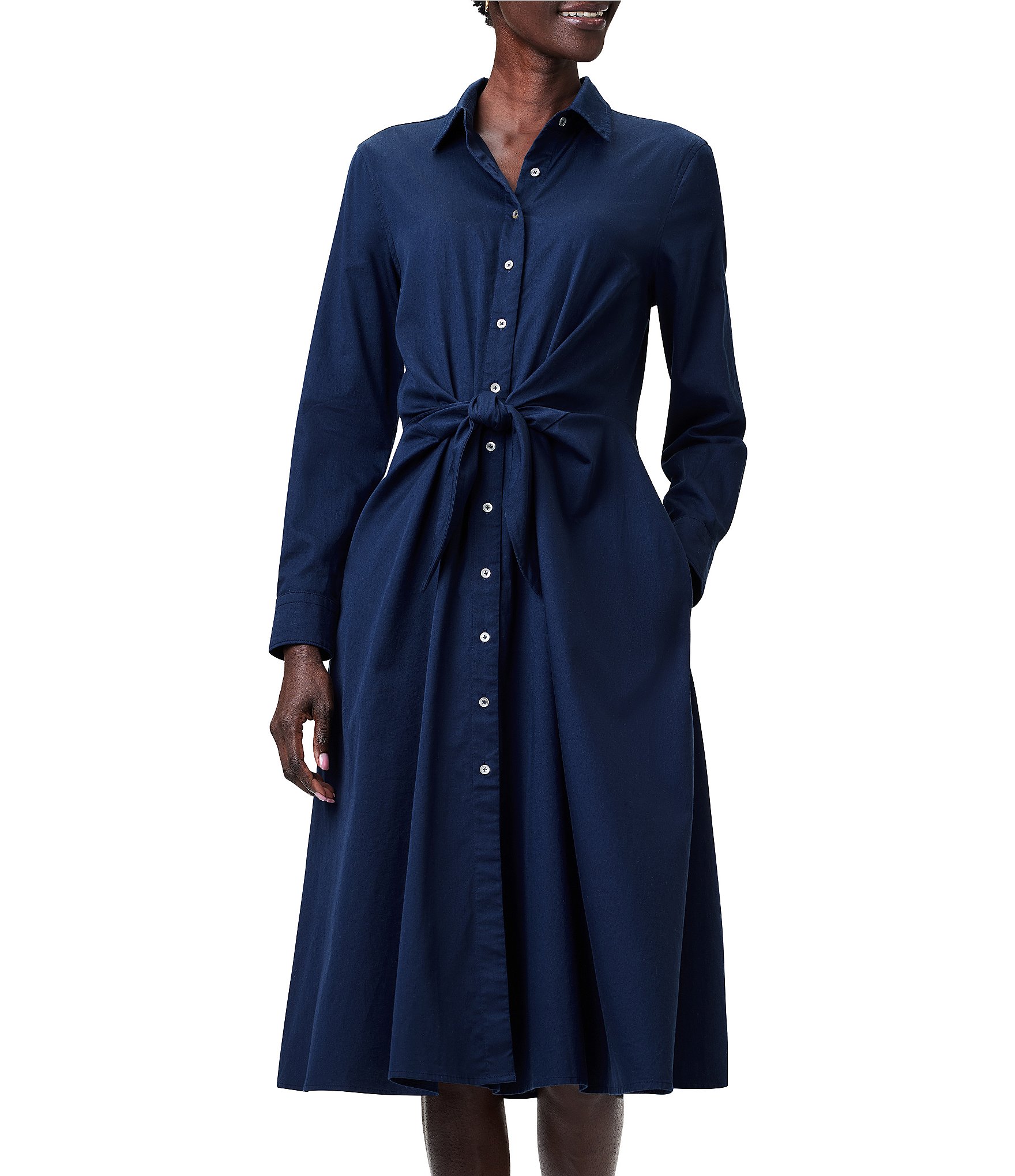 $218 Nic+Zoe Women's Blue Mosaic Collared Self-Tie Shirt Dress Size L