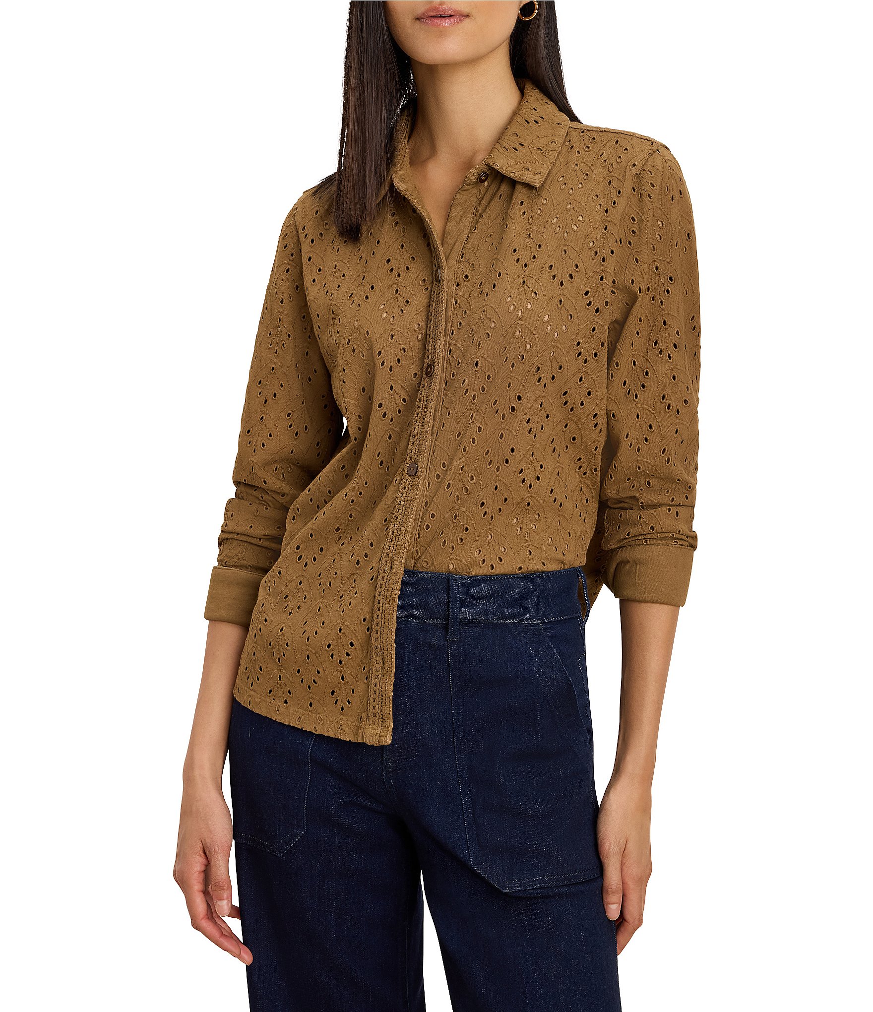 NIC + ZOE Knit Allover Eyelet Pop Point Collar Long Sleeve Button-Front Top